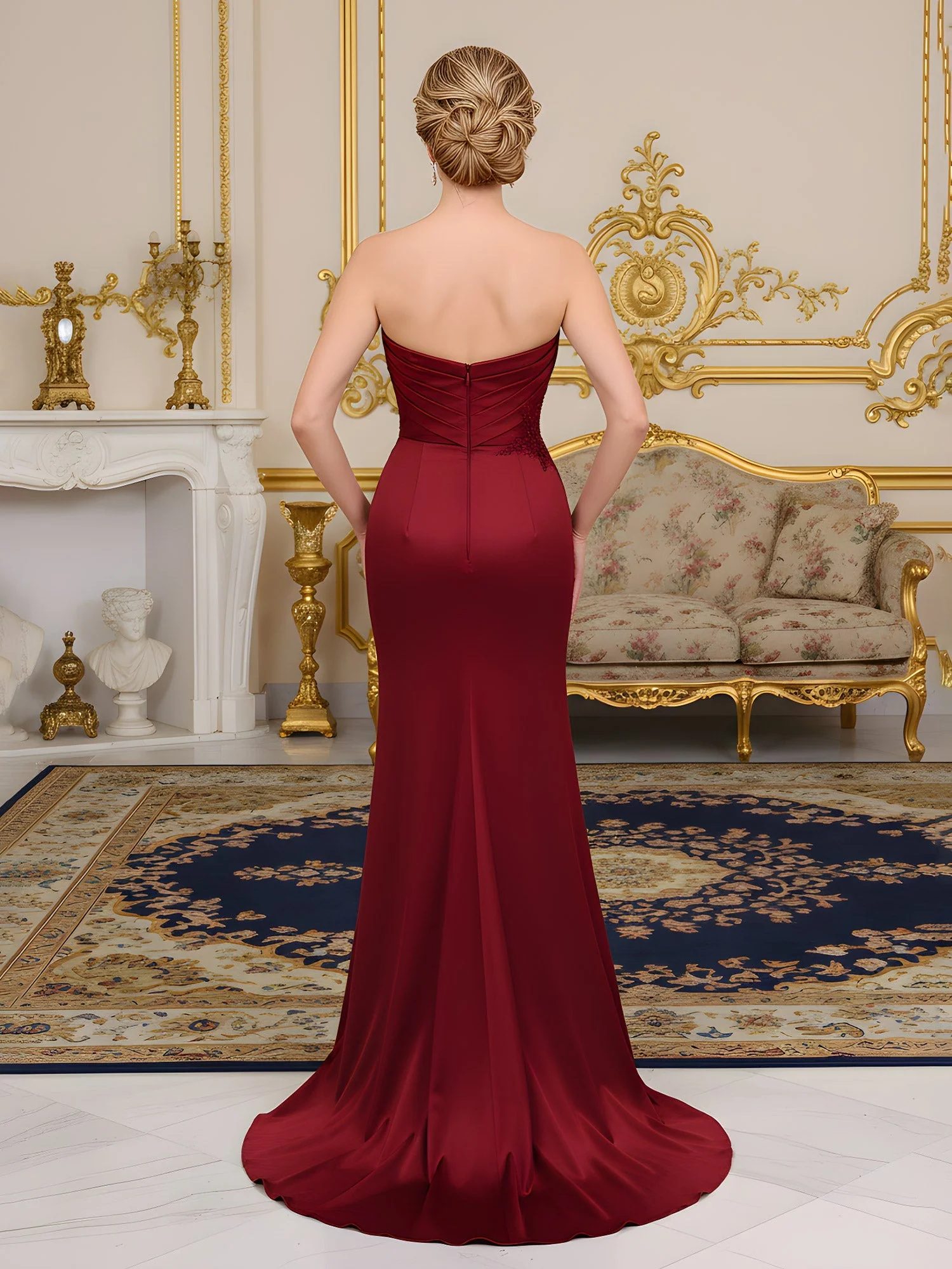 Plissee Herzform Korsett Applique Kleid mit Schlitz Champagner - Image 2