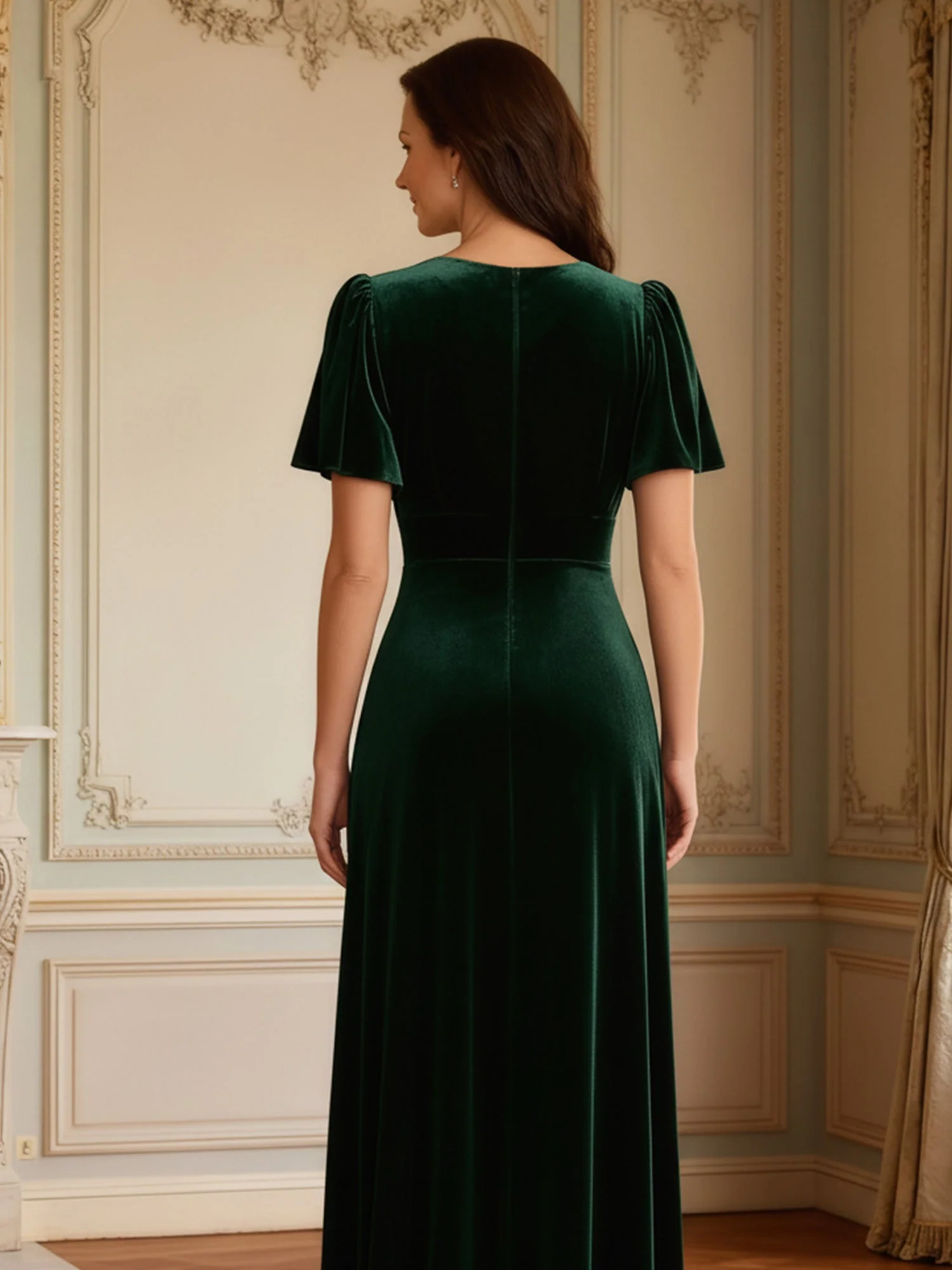 A-Linie Flatterärmel V-Ausschnitt Samt Bodenlang Kleid Dunkelmarine - Image 2