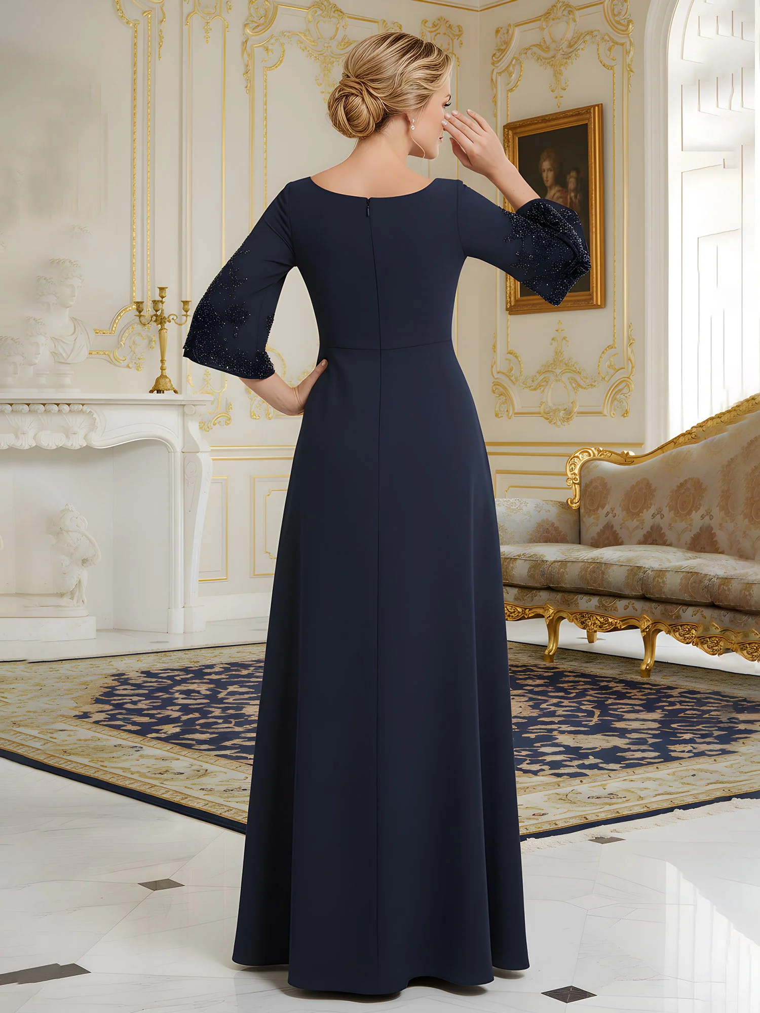 Perlen 3/4 Ärmel A-Linie Lang Kleid mit Taschen Dunkelmarine - Image 2