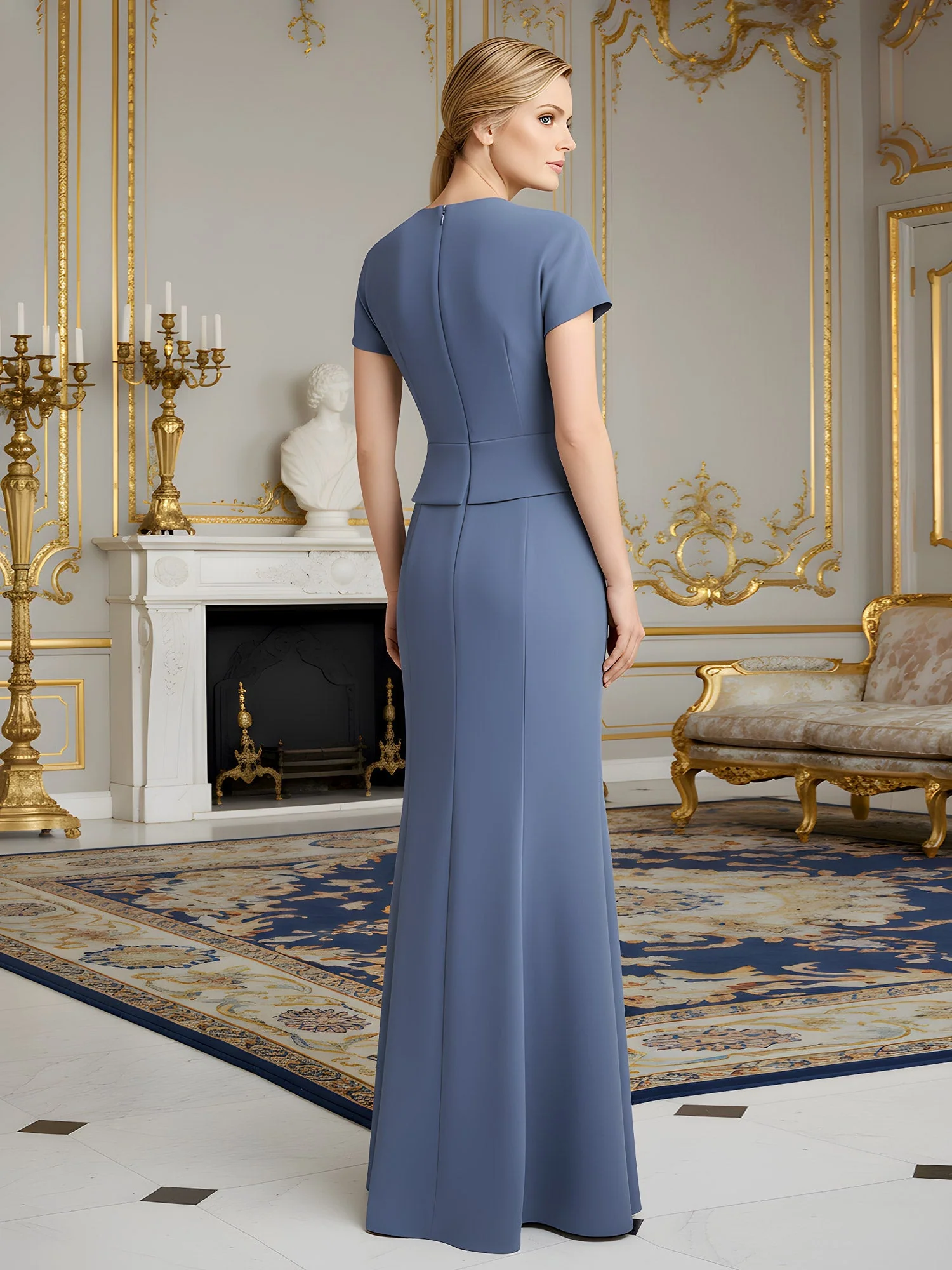 Plissee Kurzarm Bodycon Lang Kleid Tinte Blau - Image 2