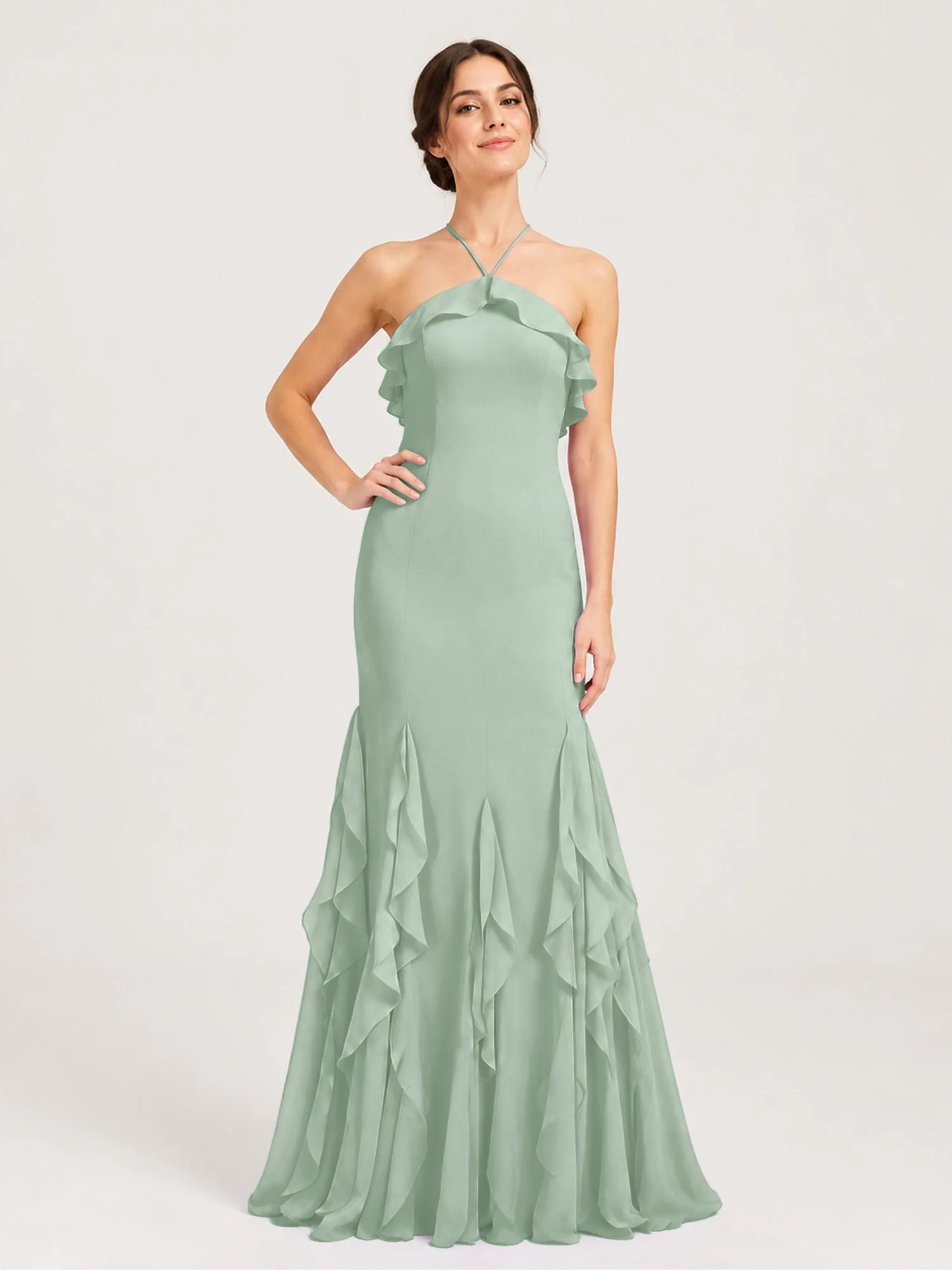 Chiffonkleid mit Rüschen und Überkreuzter Schnürung am Rücken Agavengrün
