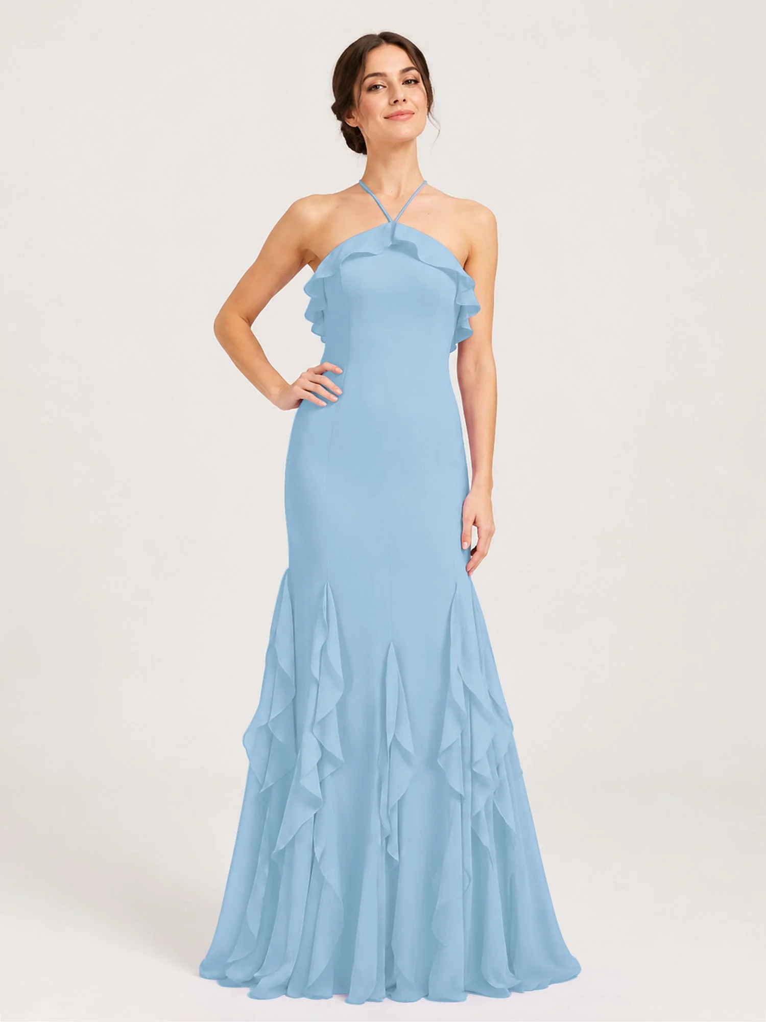 Chiffonkleid mit Rüschen und Überkreuzter Schnürung am Rücken Blau