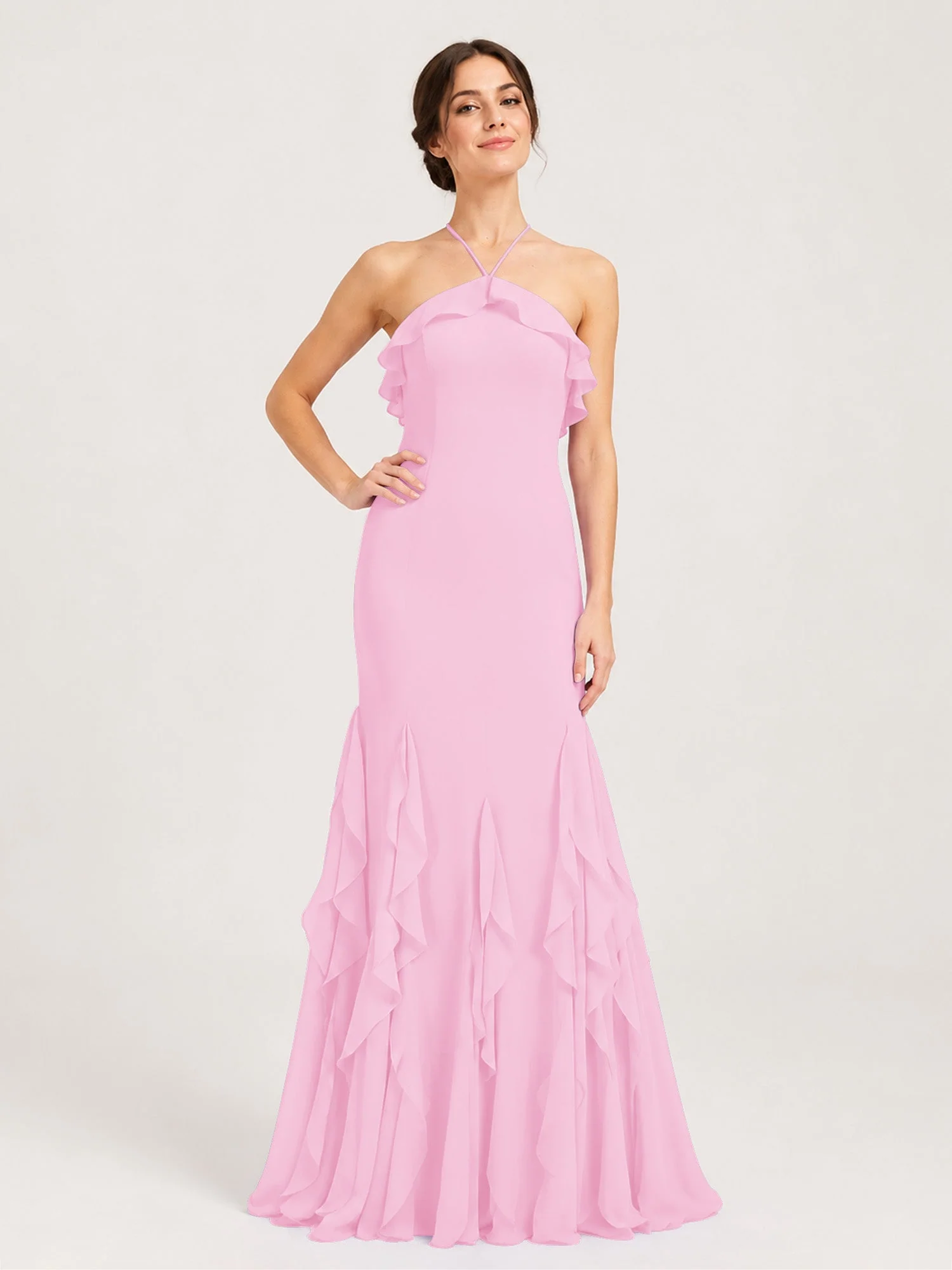 Chiffonkleid mit Rüschen und Überkreuzter Schnürung am Rücken Bonbonrosa