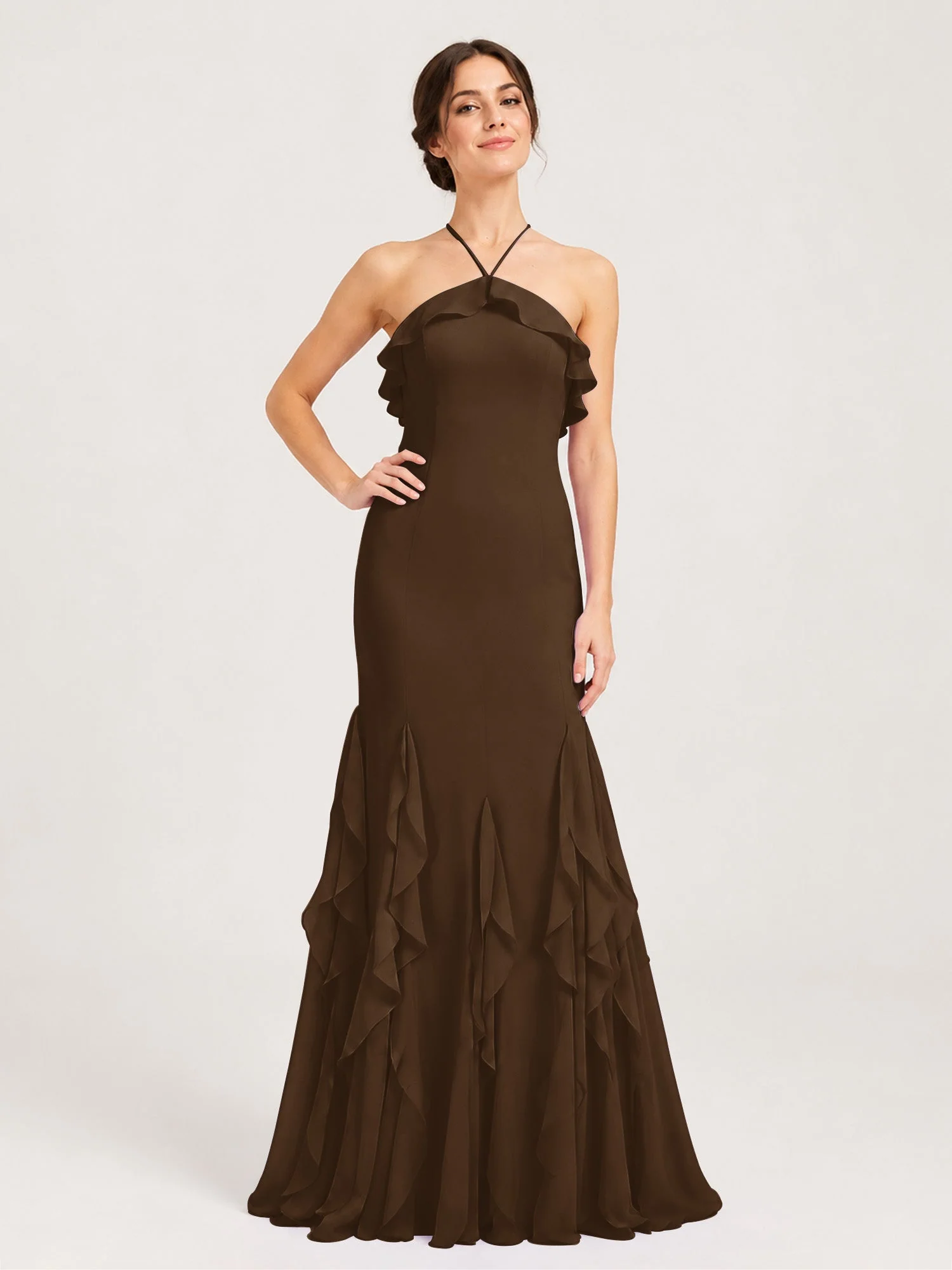 Chiffonkleid mit Rüschen und Überkreuzter Schnürung am Rücken Braun