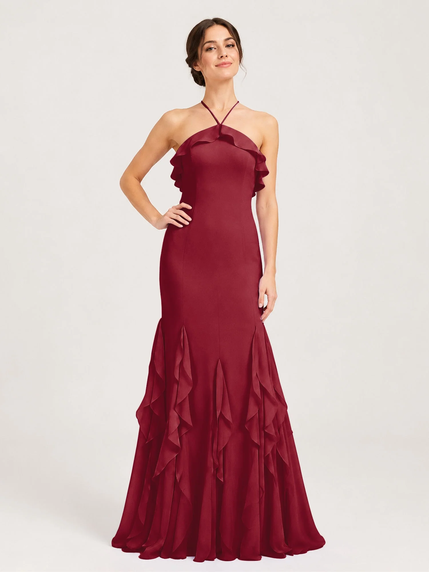 Chiffonkleid mit Rüschen und Überkreuzter Schnürung am Rücken Burgunderrot