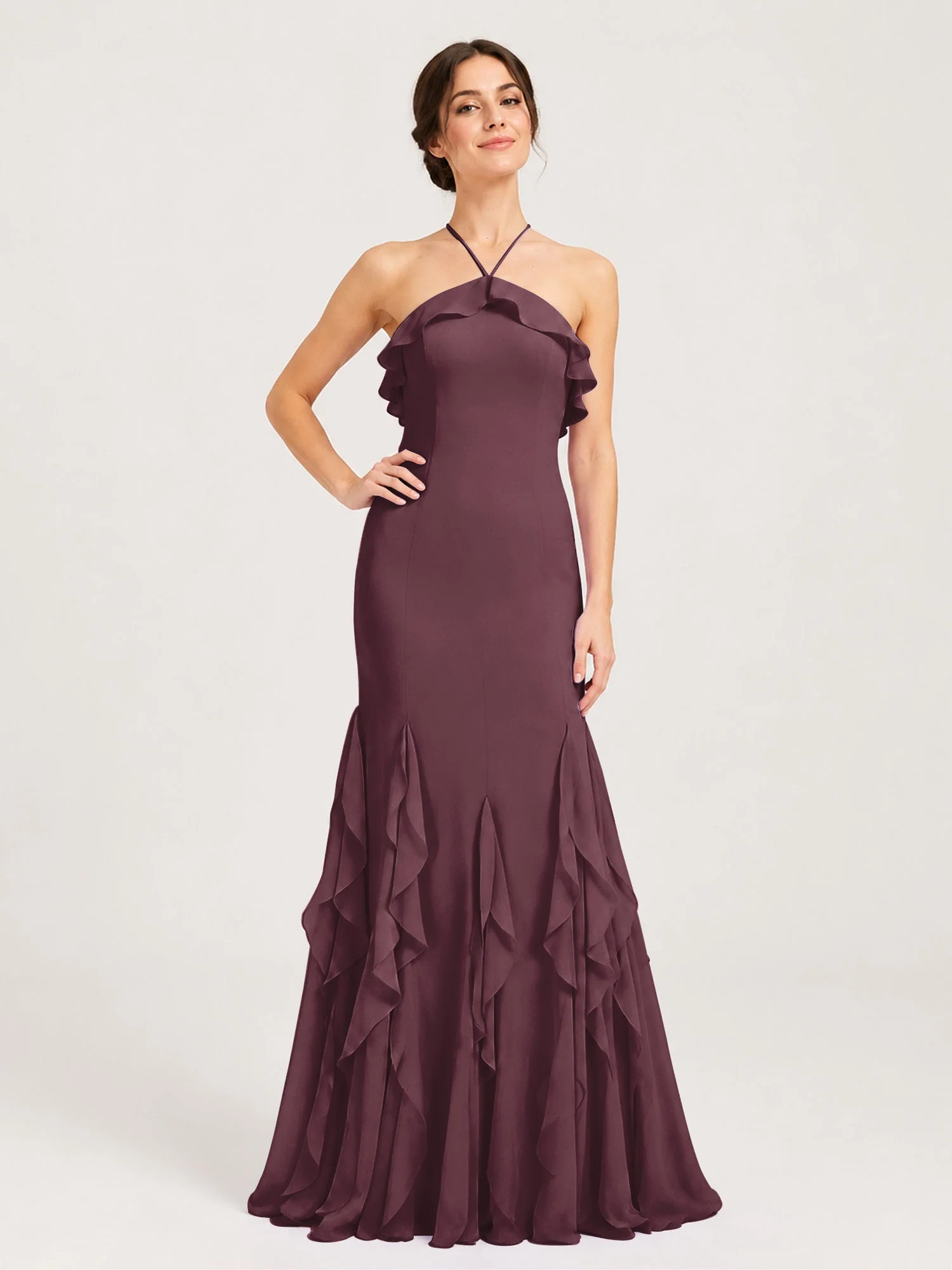 Chiffonkleid mit Rüschen und Überkreuzter Schnürung am Rücken Cabernet