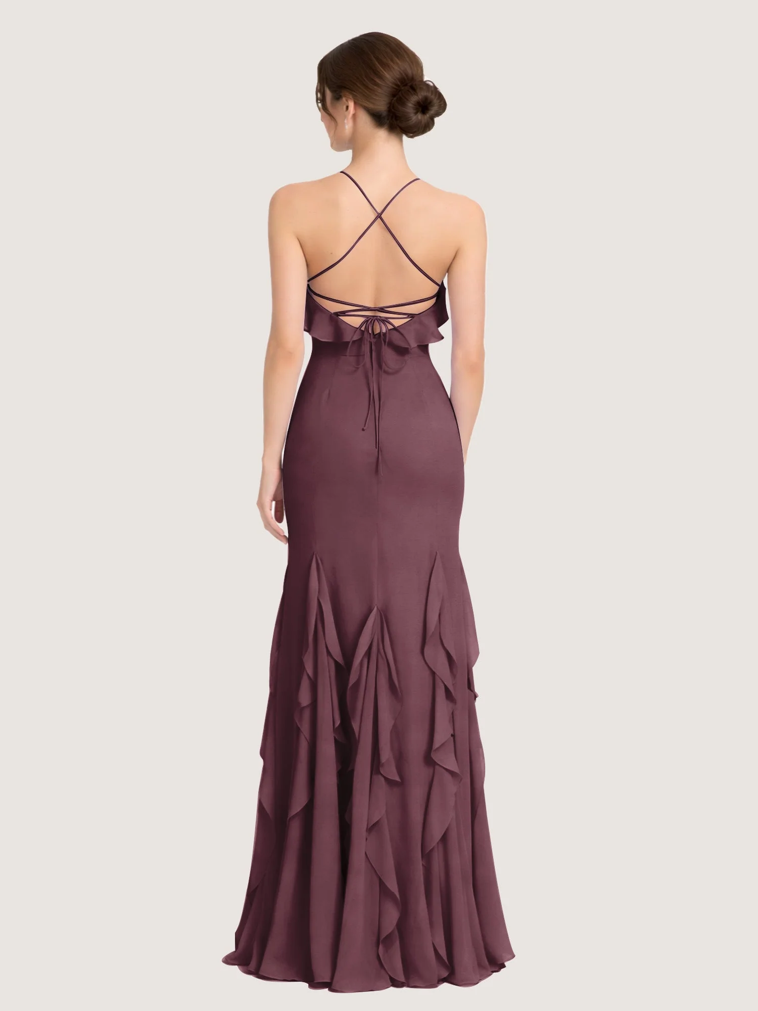 Chiffonkleid mit Rüschen und Überkreuzter Schnürung am Rücken Cabernet - Image 2