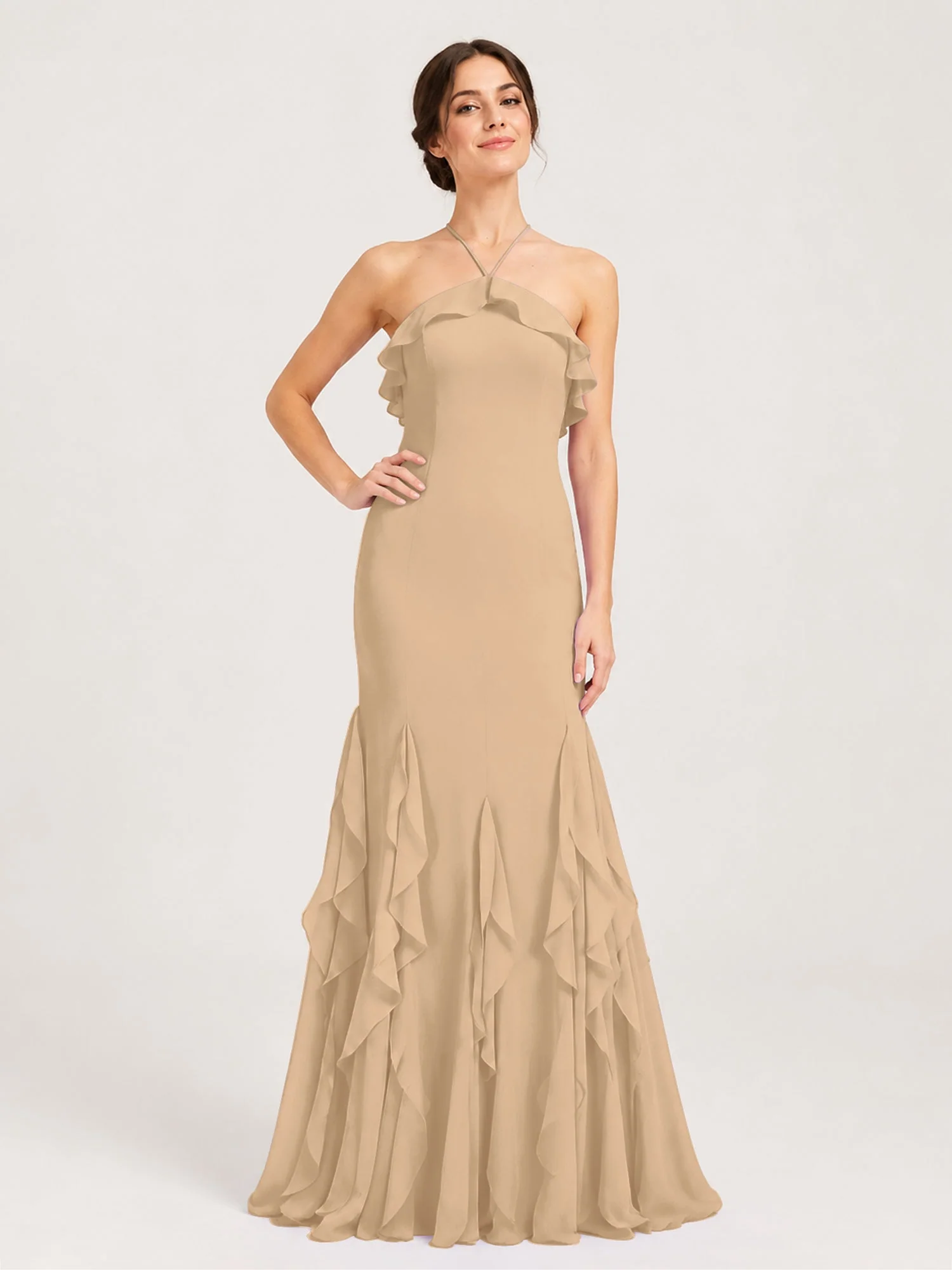 Chiffonkleid mit Rüschen und Überkreuzter Schnürung am Rücken Champagner