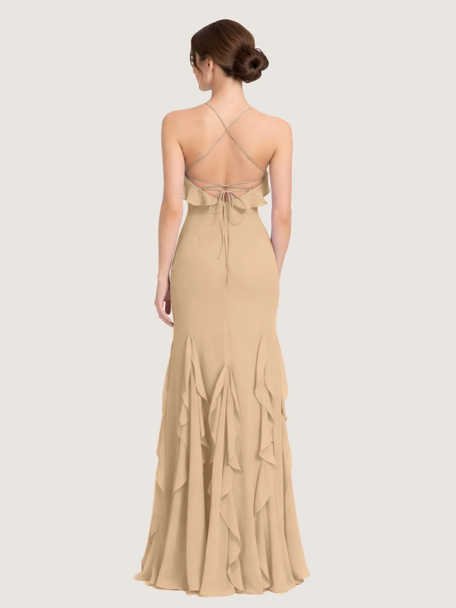 Chiffonkleid mit Rüschen und Überkreuzter Schnürung am Rücken Champagner - Image 2