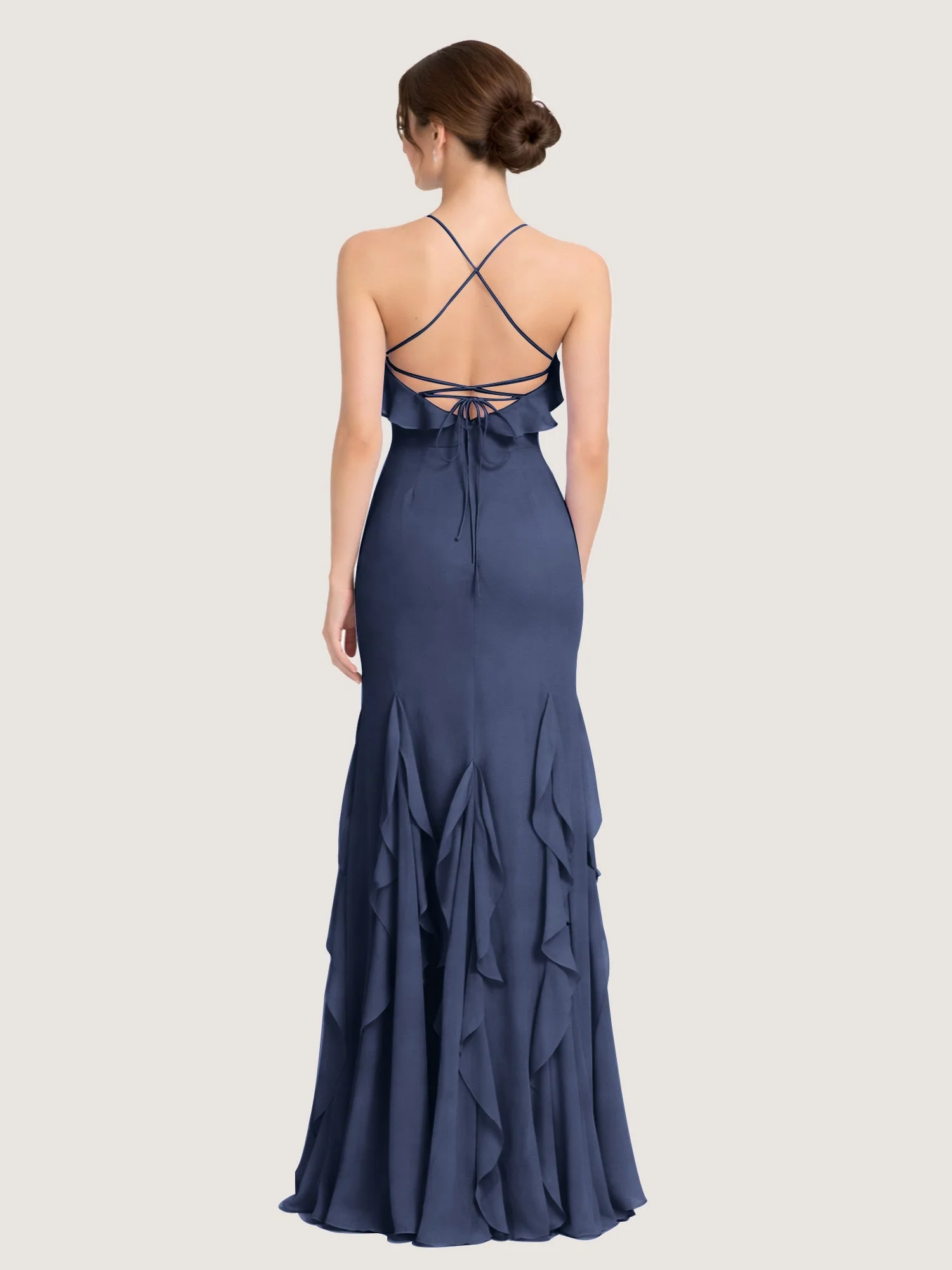 Chiffonkleid mit Rüschen und Überkreuzter Schnürung am Rücken Dunkelmarine - Image 2