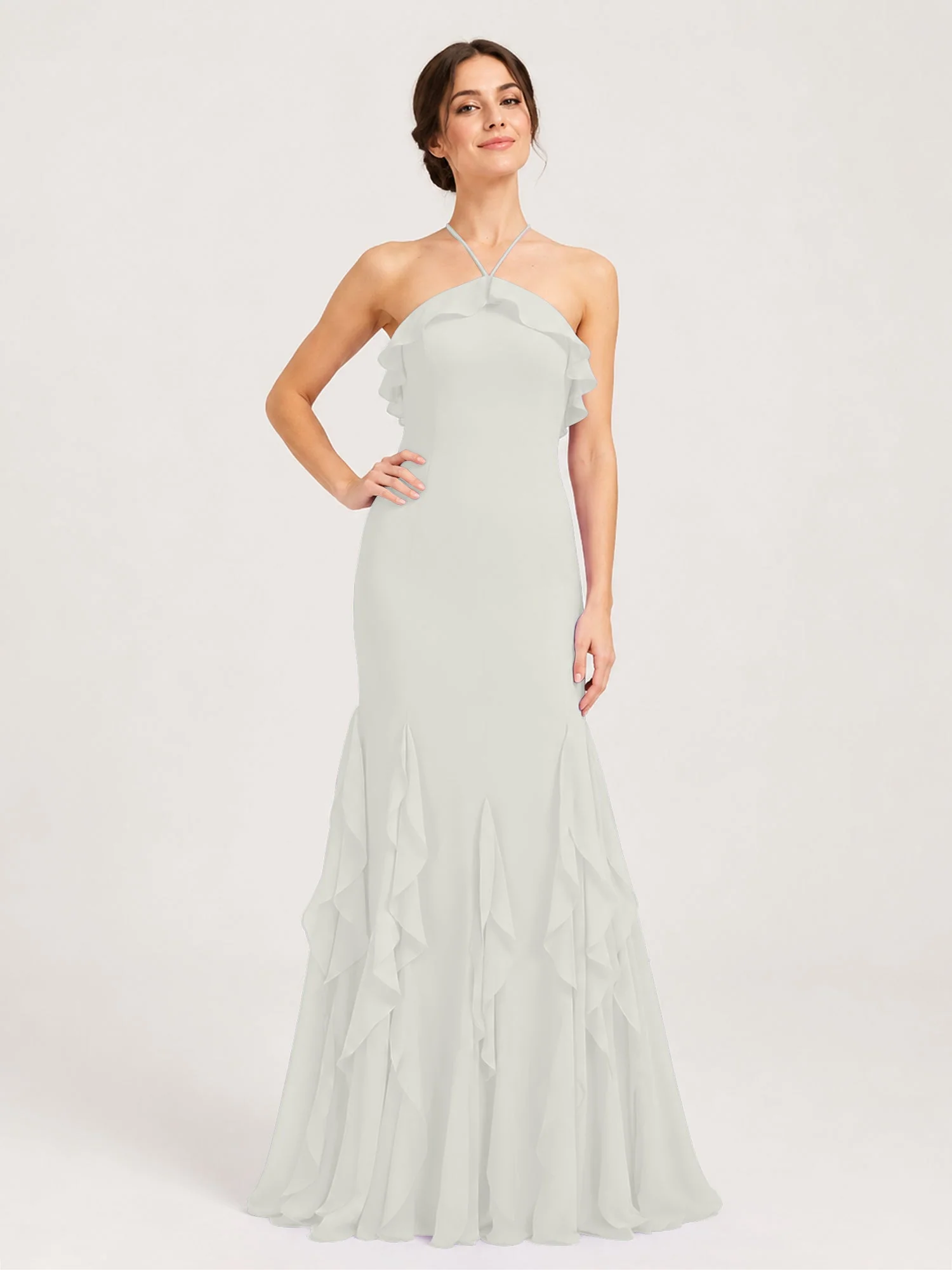 Chiffonkleid mit Rüschen und Überkreuzter Schnürung am Rücken Elfenbein