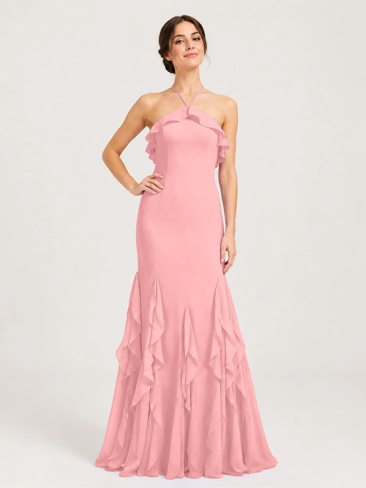 Chiffonkleid mit Rüschen und Überkreuzter Schnürung am Rücken Flamingo