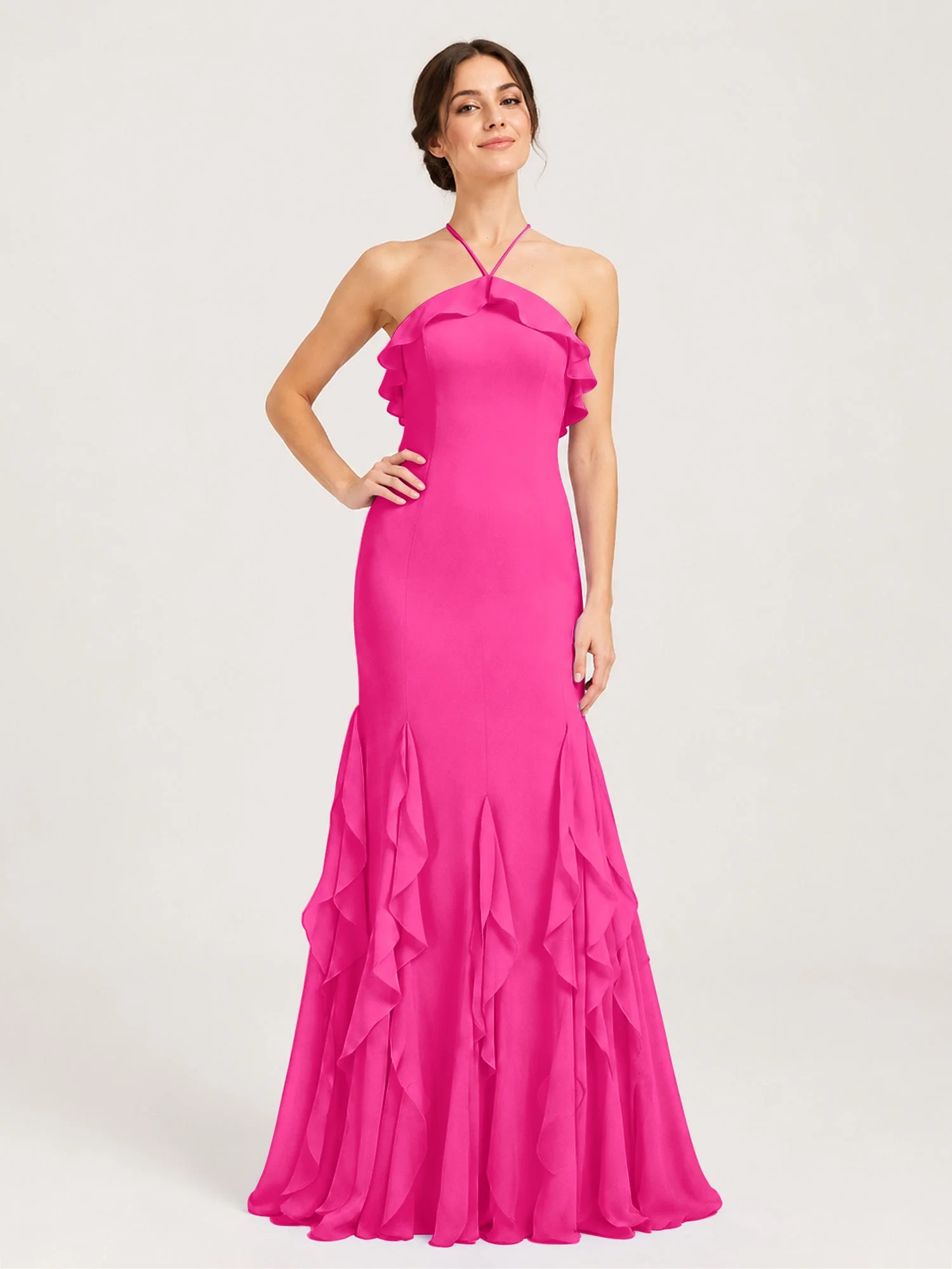 Chiffonkleid mit Rüschen und Überkreuzter Schnürung am Rücken Fuchsia