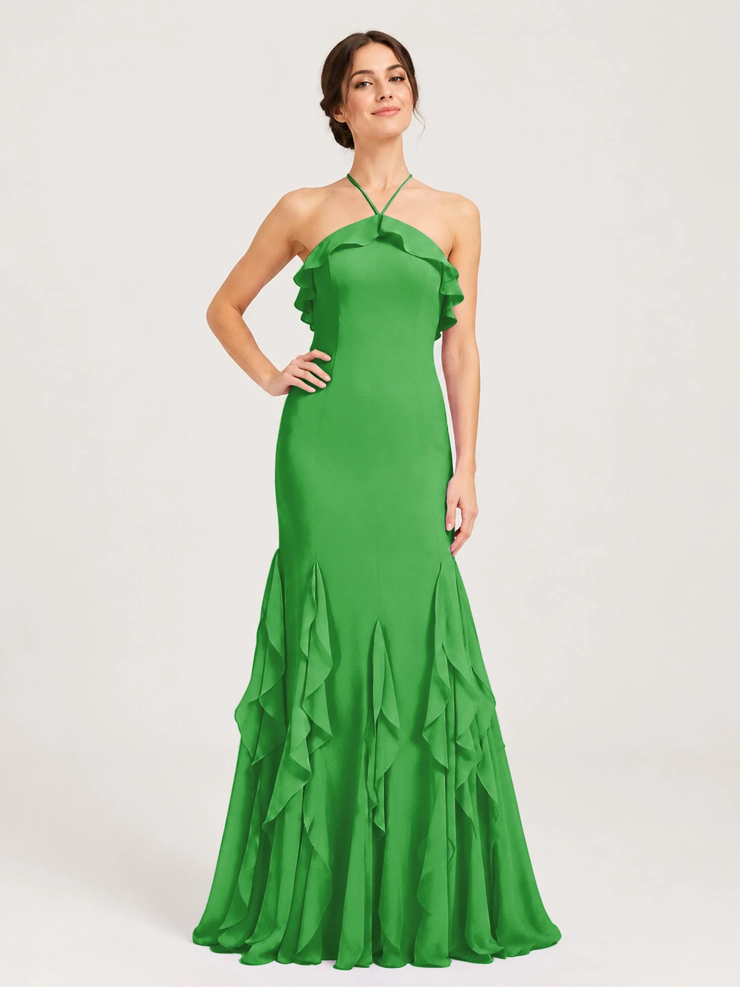 Chiffonkleid mit Rüschen und Überkreuzter Schnürung am Rücken Grün