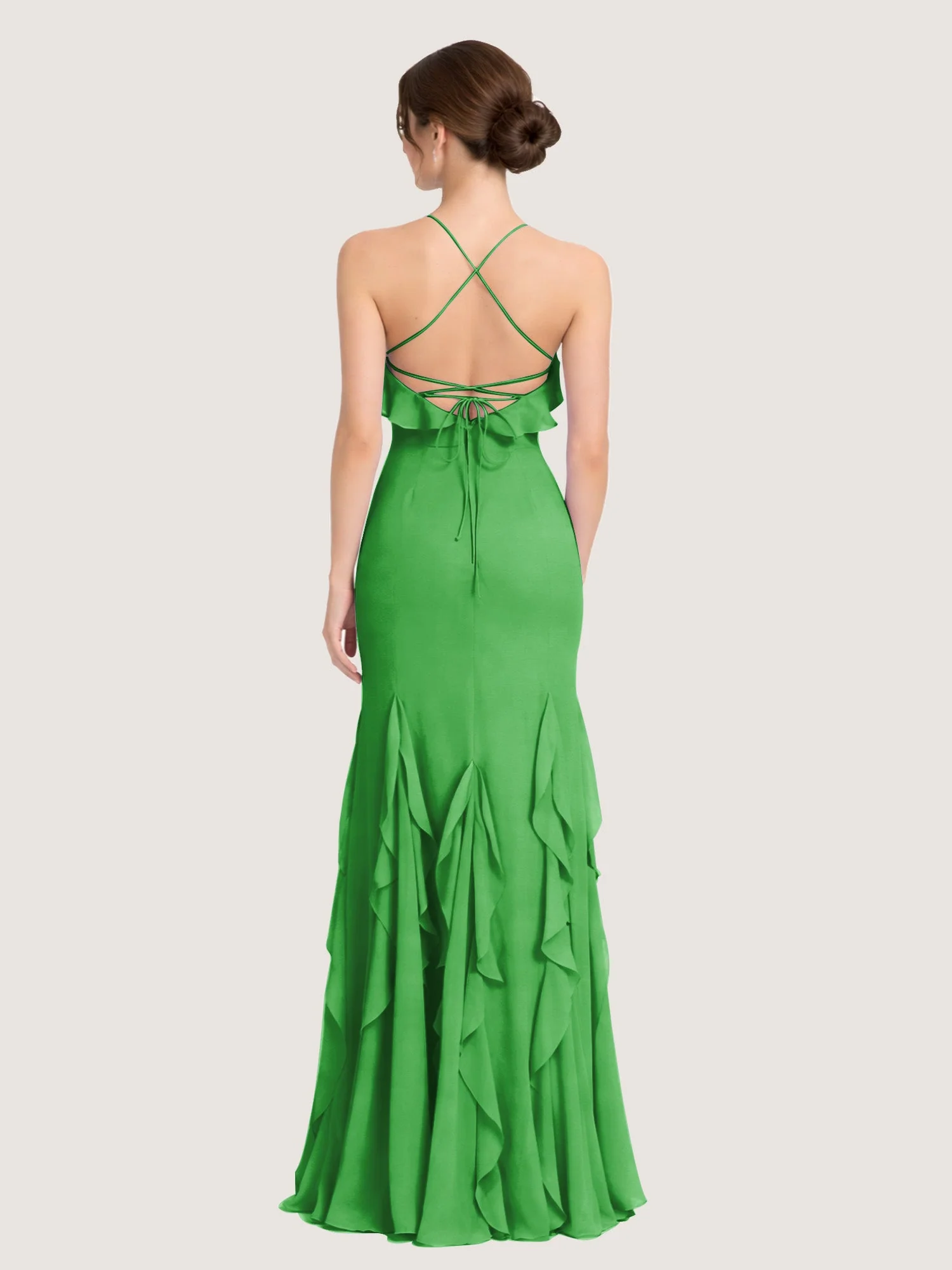 Chiffonkleid mit Rüschen und Überkreuzter Schnürung am Rücken Grün - Image 2
