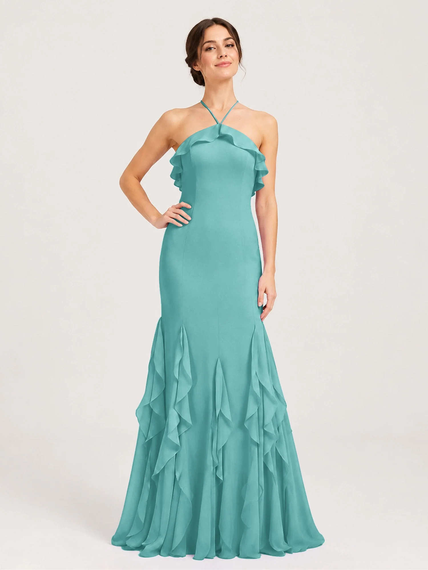 Chiffonkleid mit Rüschen und Überkreuzter Schnürung am Rücken Jade