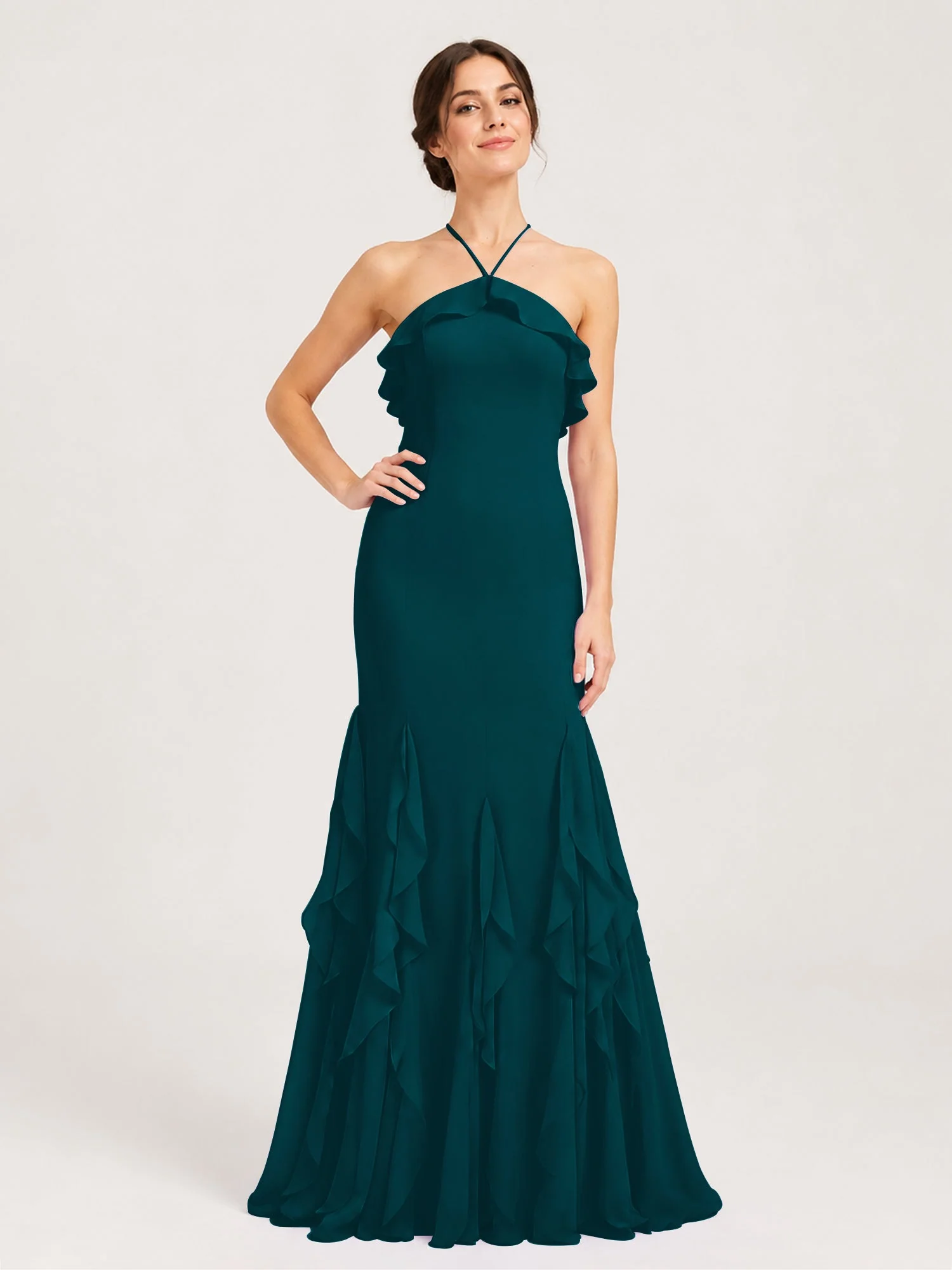 Chiffonkleid mit Rüschen und Überkreuzter Schnürung am Rücken Kieferngrün