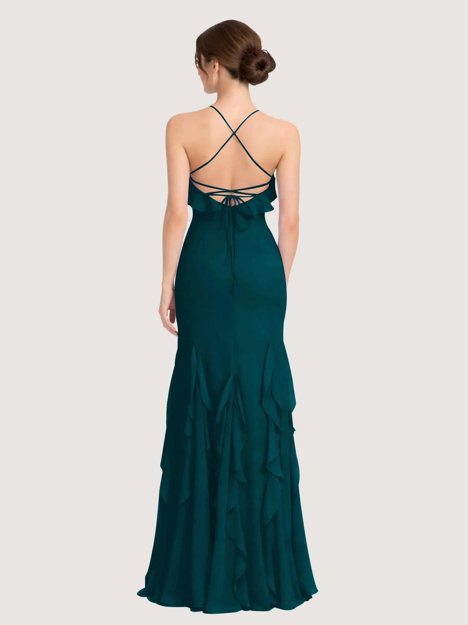 Chiffonkleid mit Rüschen und Überkreuzter Schnürung am Rücken Kieferngrün - Image 2