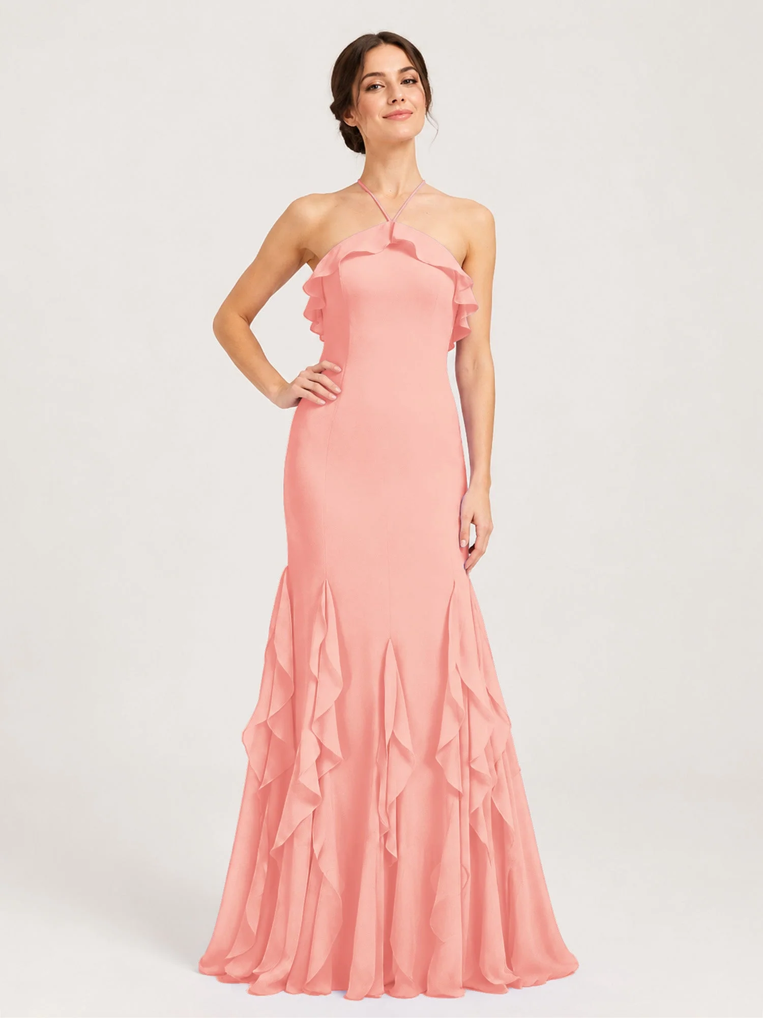 Chiffonkleid mit Rüschen und Überkreuzter Schnürung am Rücken Koralle