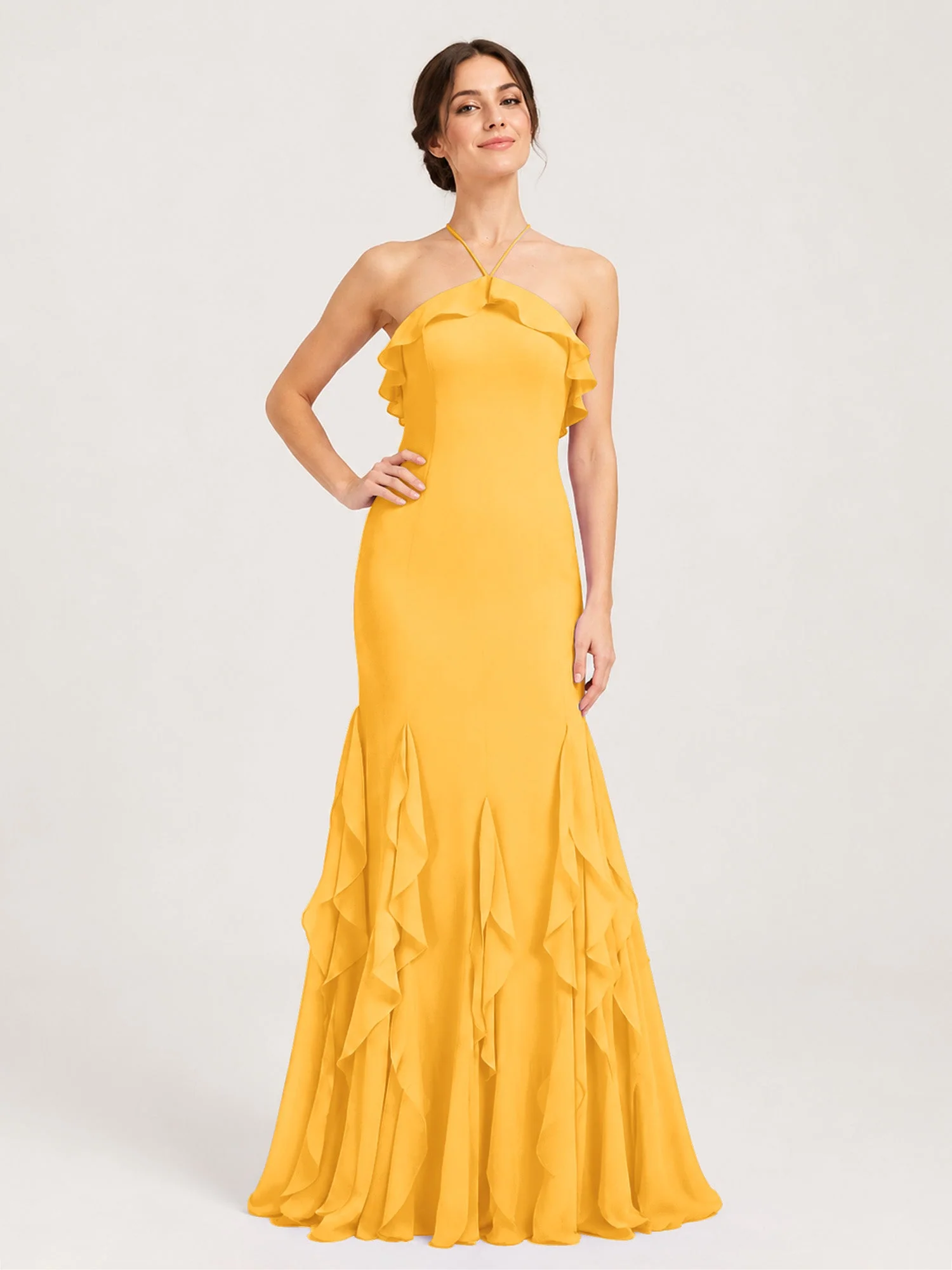 Chiffonkleid mit Rüschen und Überkreuzter Schnürung am Rücken Mandarine