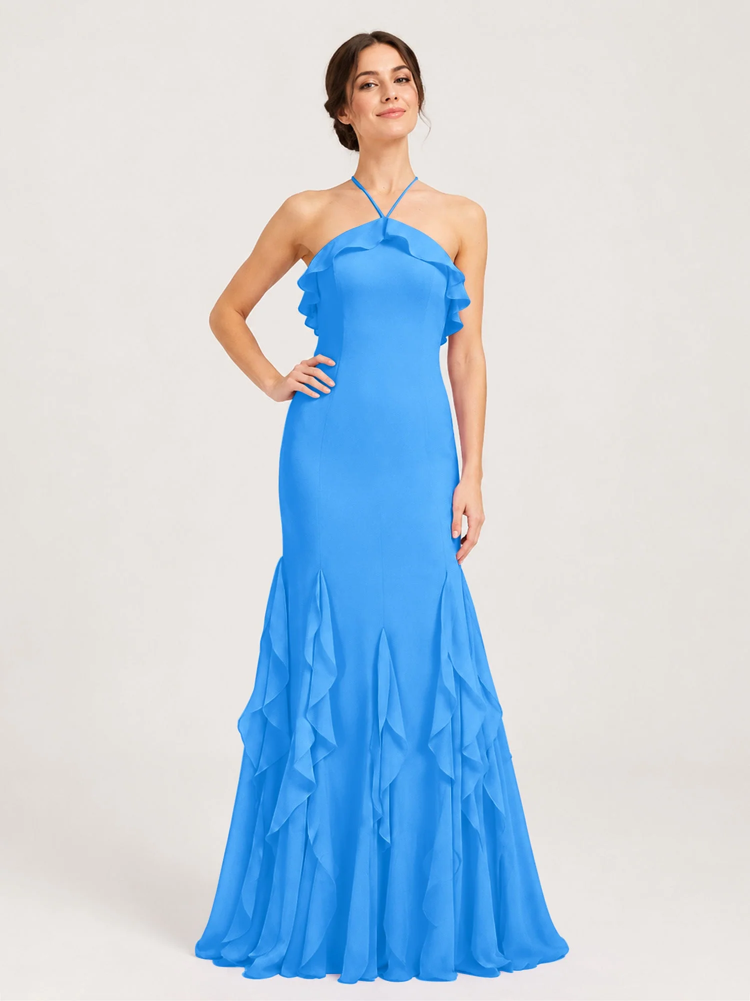 Chiffonkleid mit Rüschen und Überkreuzter Schnürung am Rücken Meerblau