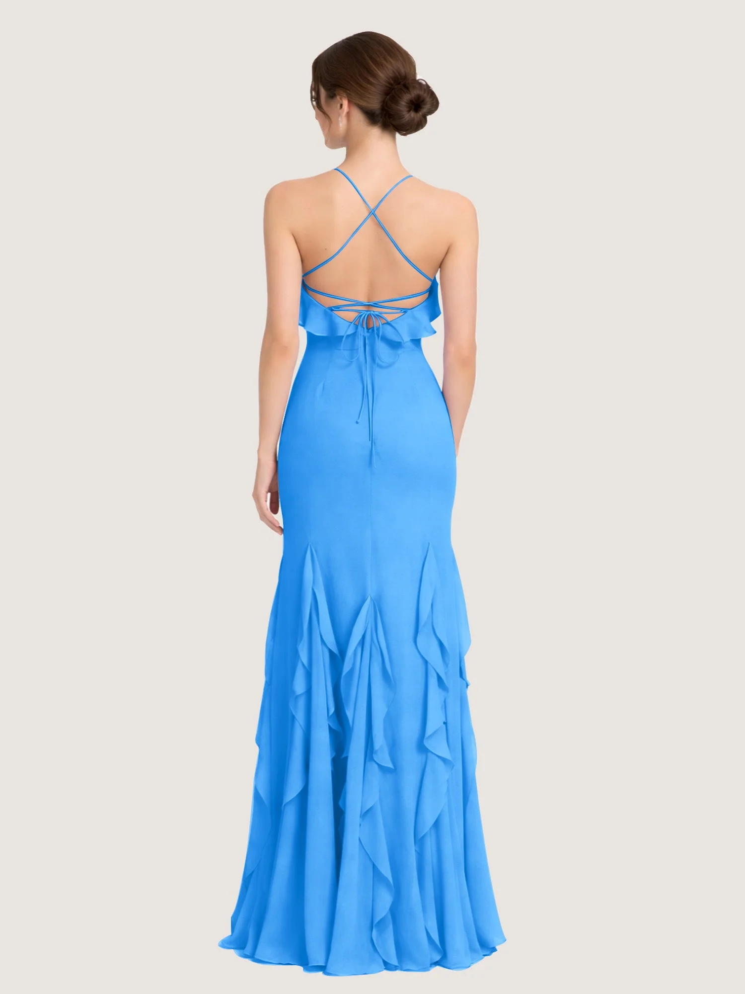 Chiffonkleid mit Rüschen und Überkreuzter Schnürung am Rücken Meerblau - Image 2