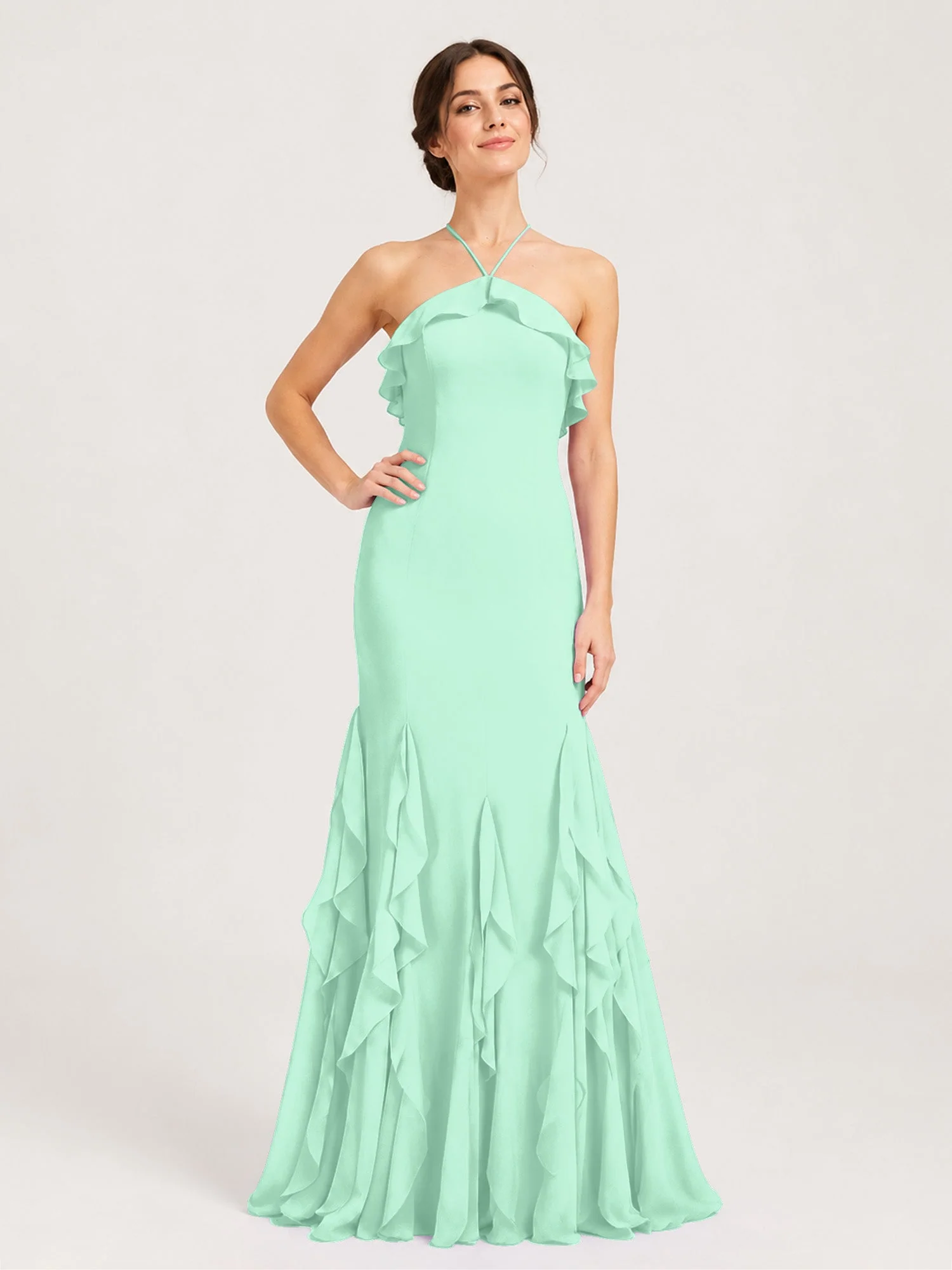 Chiffonkleid mit Rüschen und Überkreuzter Schnürung am Rücken Minzgrün