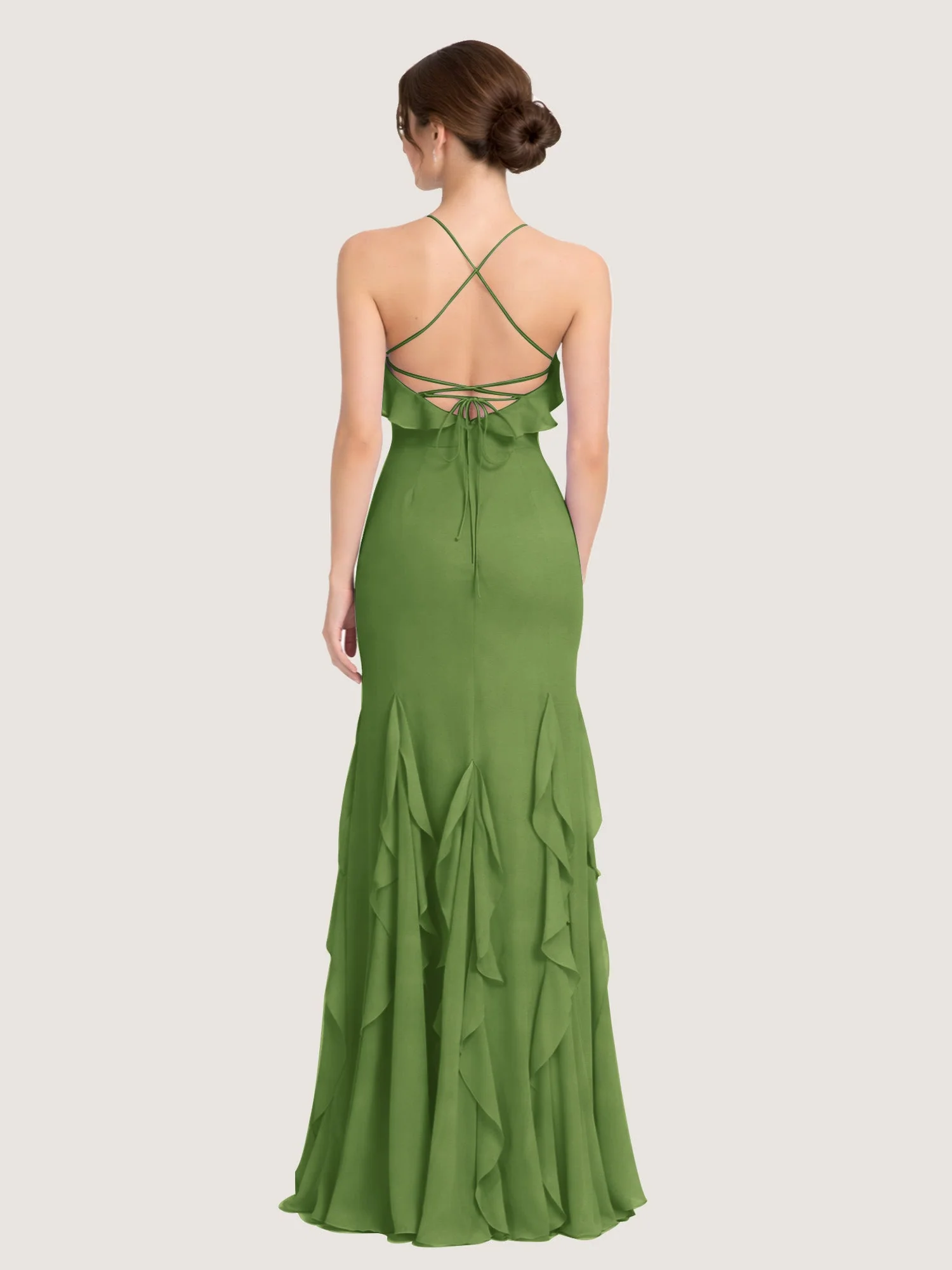 Chiffonkleid mit Rüschen und Überkreuzter Schnürung am Rücken Moos - Image 2