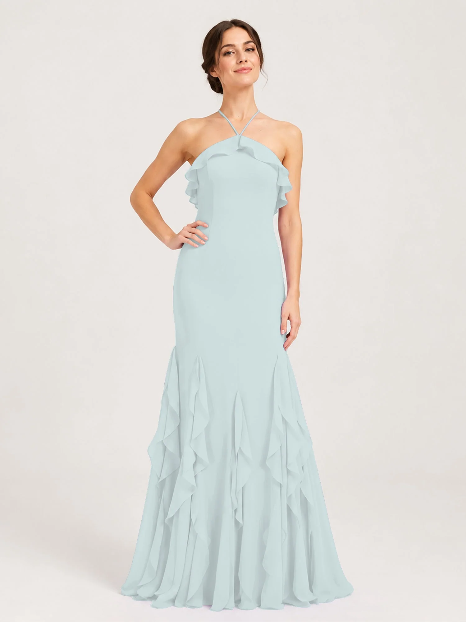 Chiffonkleid mit Rüschen und Überkreuzter Schnürung am Rücken Nebel