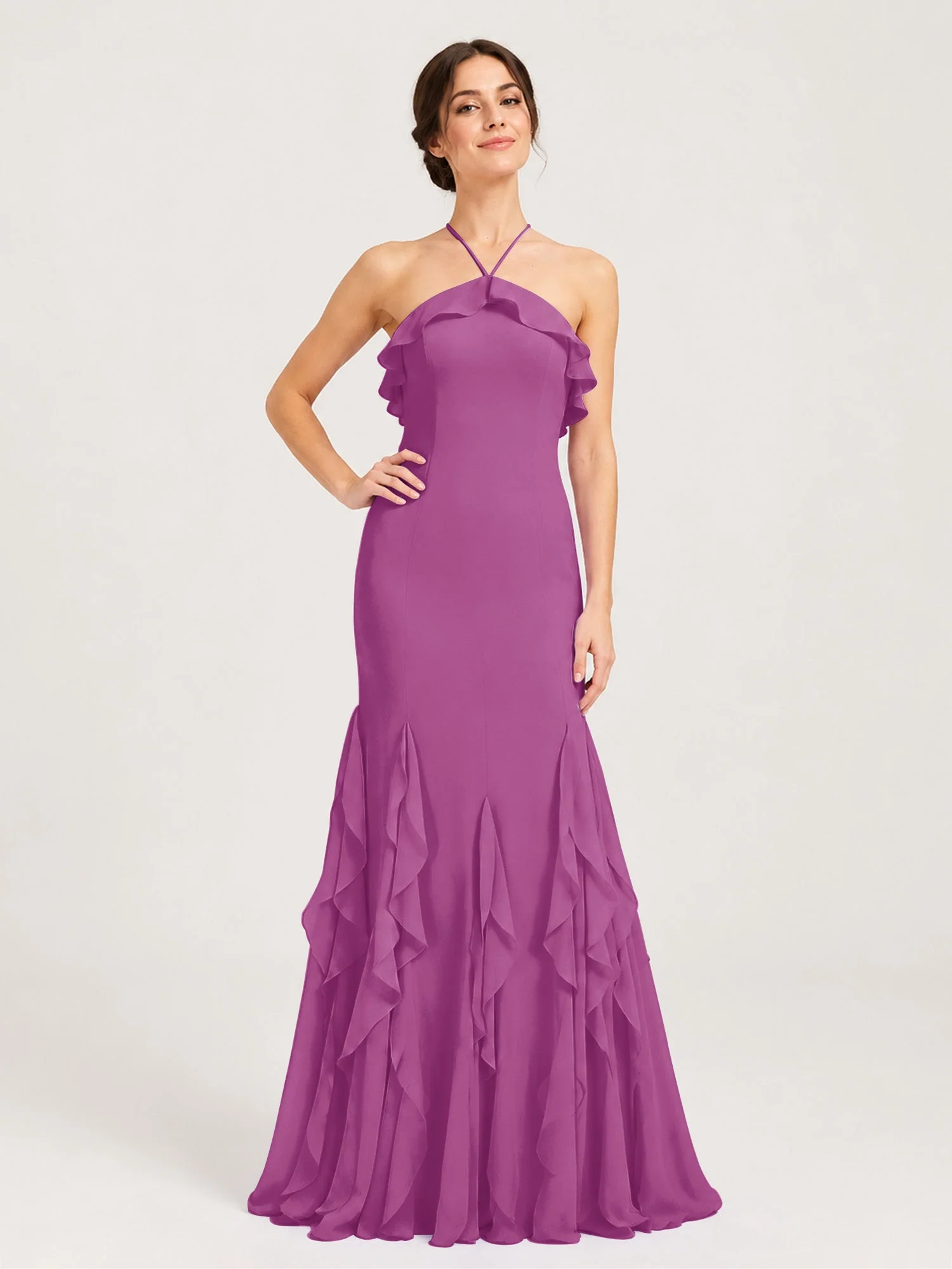 Chiffonkleid mit Rüschen und Überkreuzter Schnürung am Rücken Orchidee