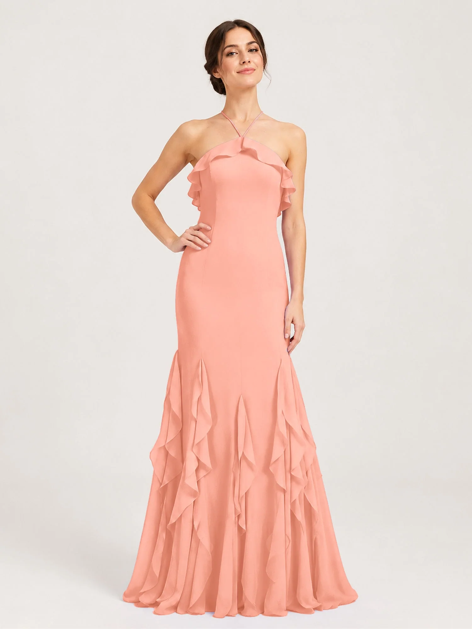 Chiffonkleid mit Rüschen und Überkreuzter Schnürung am Rücken Papaya