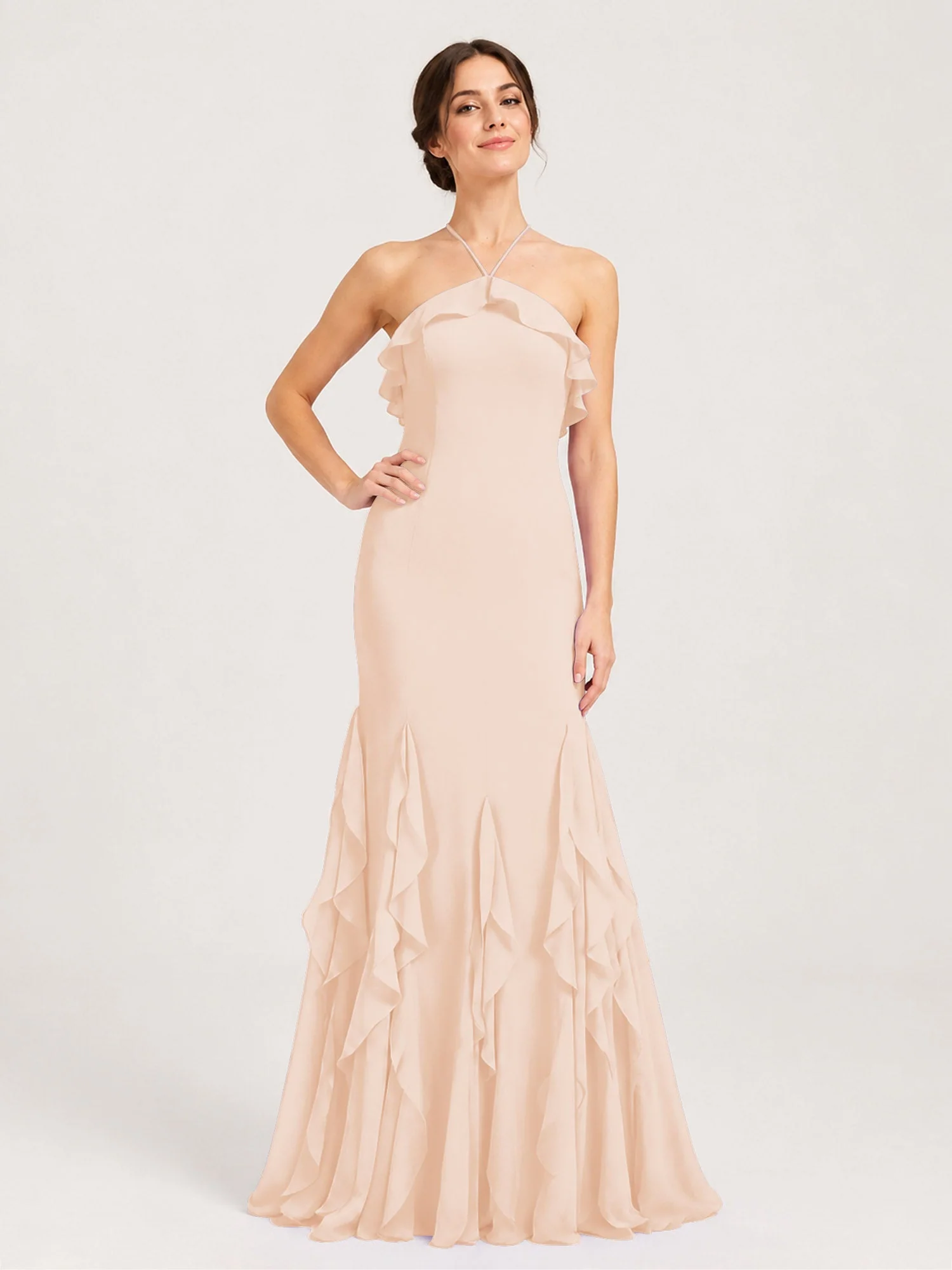 Chiffonkleid mit Rüschen und Überkreuzter Schnürung am Rücken Perlrosa