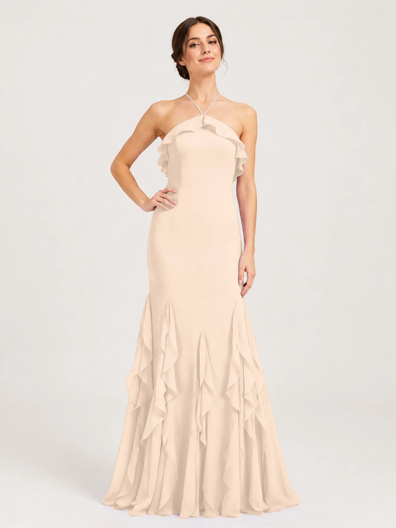 Chiffonkleid mit Rüschen und Überkreuzter Schnürung am Rücken Pfirsich