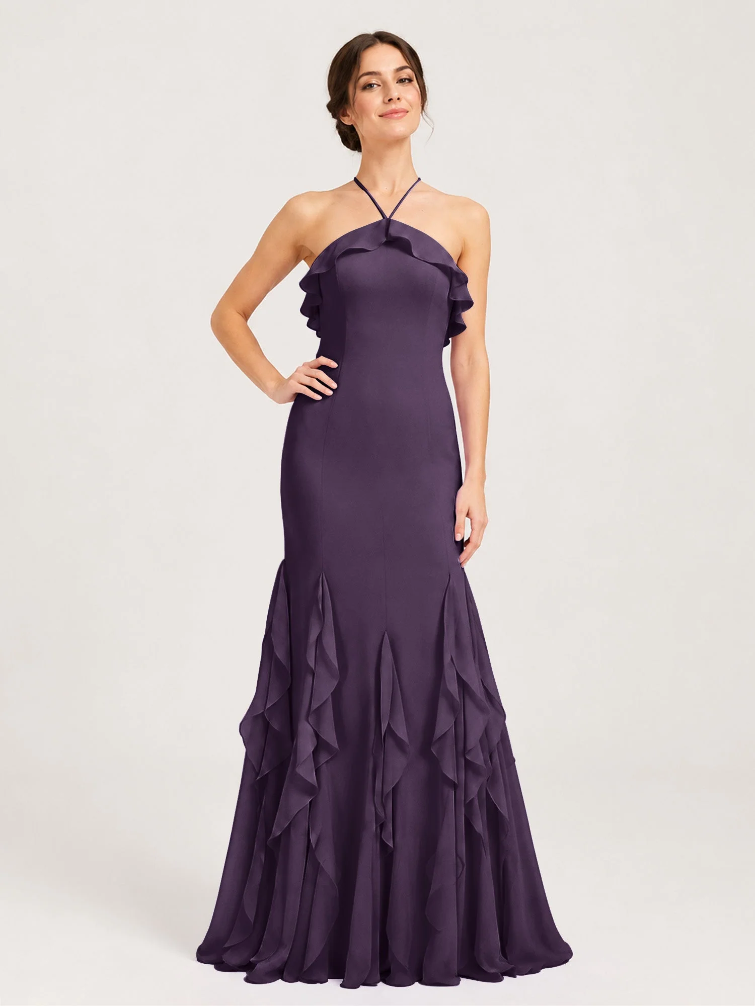 Chiffonkleid mit Rüschen und Überkreuzter Schnürung am Rücken Plum