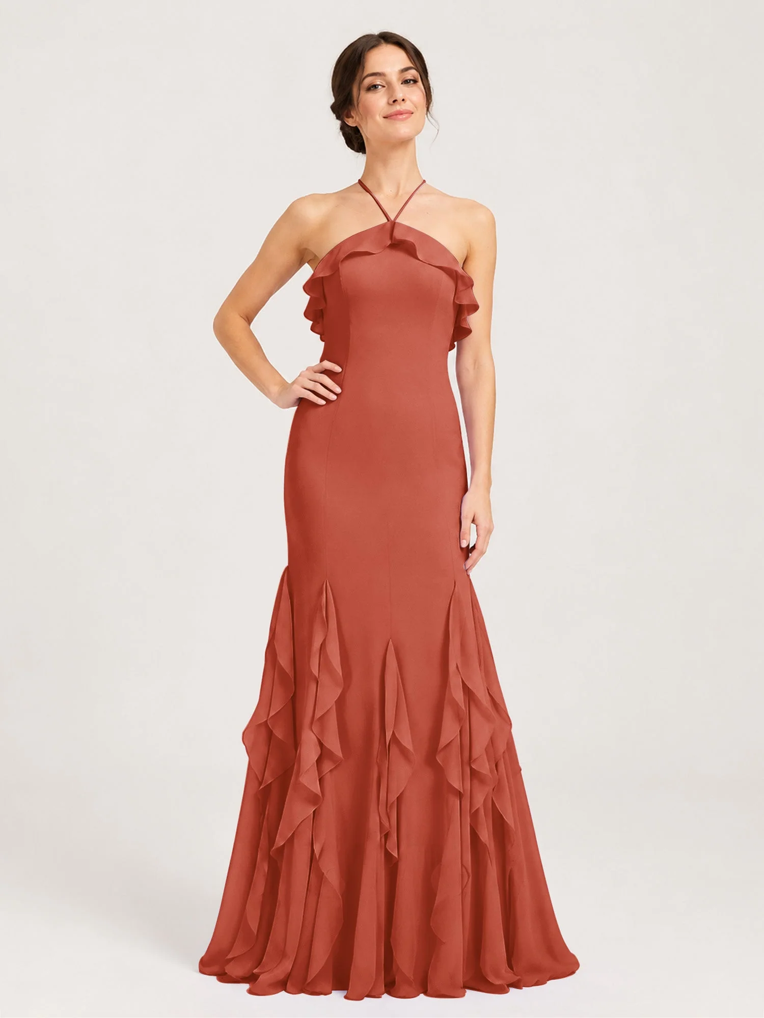 Chiffonkleid mit Rüschen und Überkreuzter Schnürung am Rücken Rost