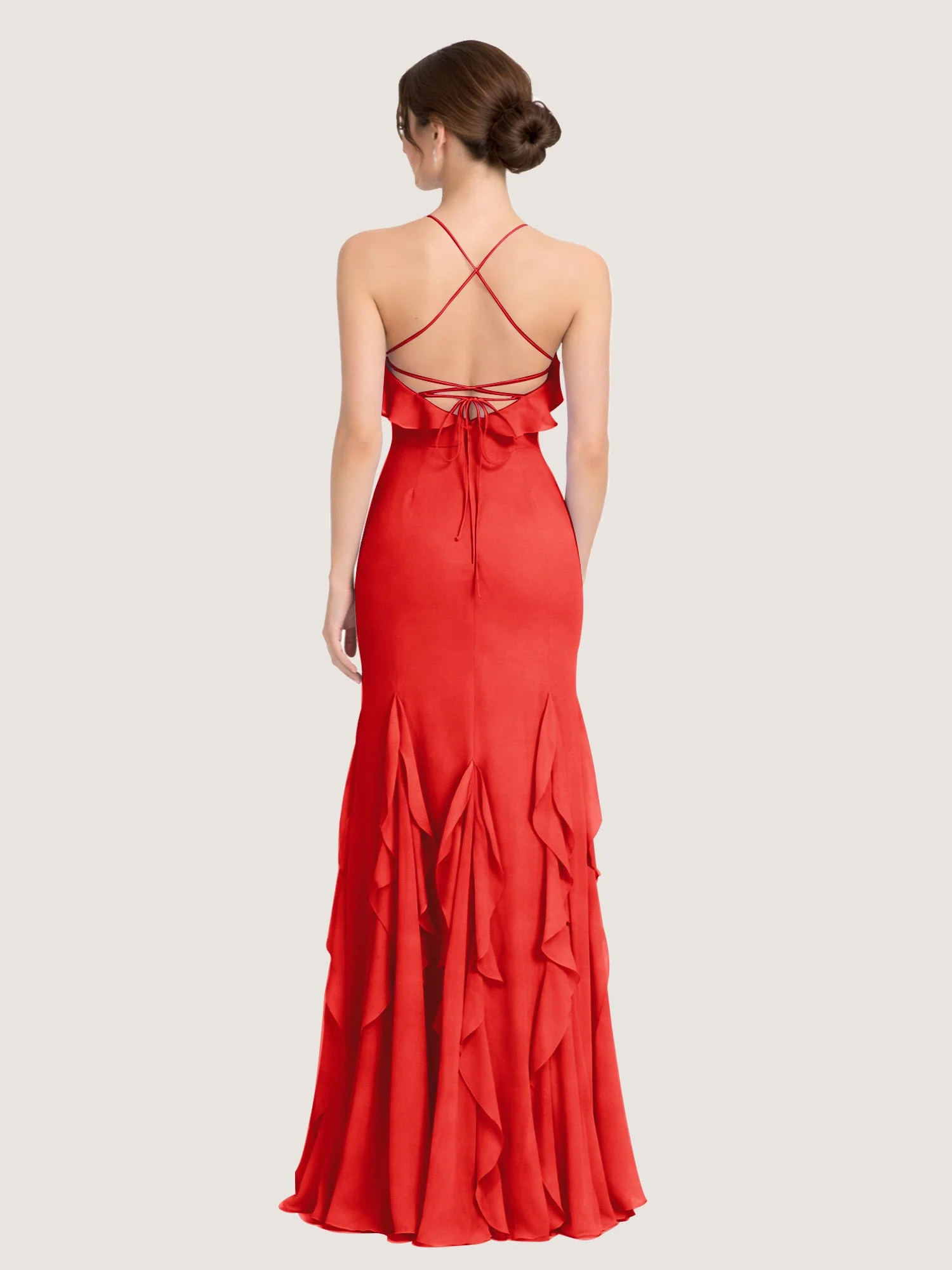 Chiffonkleid mit Rüschen und Überkreuzter Schnürung am Rücken Rot - Image 2