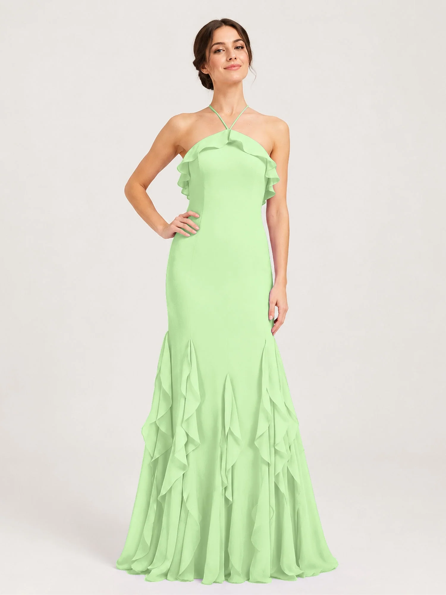 Chiffonkleid mit Rüschen und Überkreuzter Schnürung am Rücken Salbei