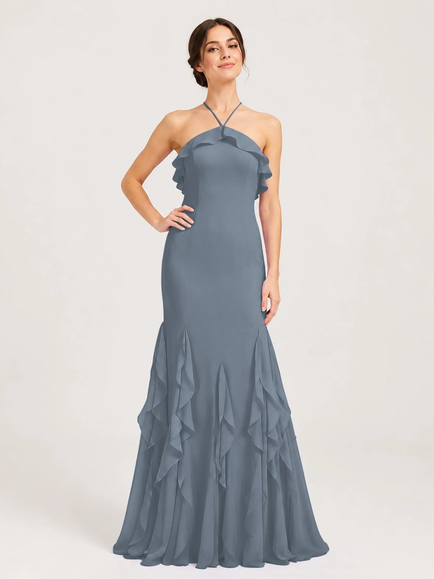 Chiffonkleid mit Rüschen und Überkreuzter Schnürung am Rücken Schiefer Blau
