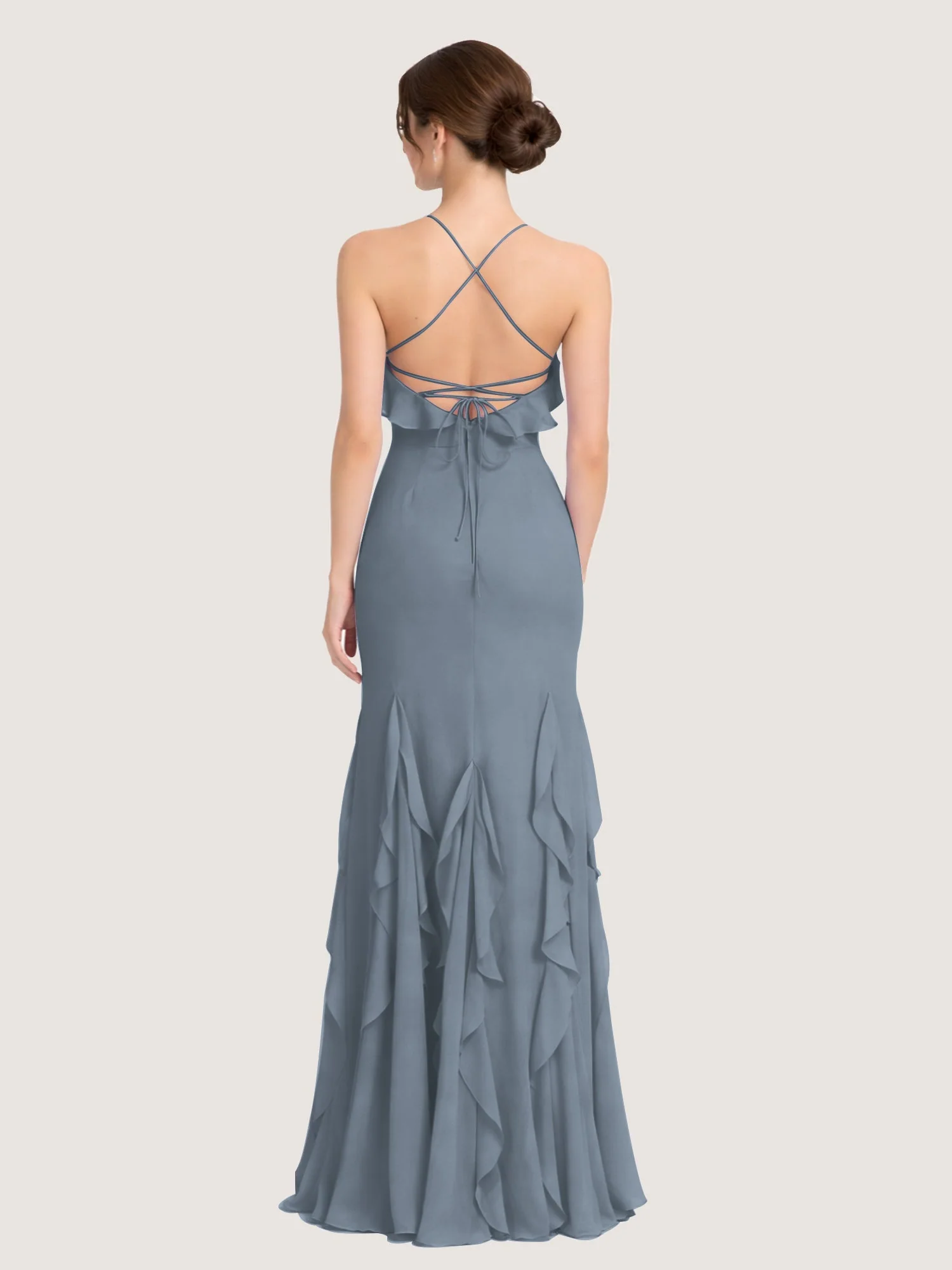 Chiffonkleid mit Rüschen und Überkreuzter Schnürung am Rücken Schiefer Blau - Image 2