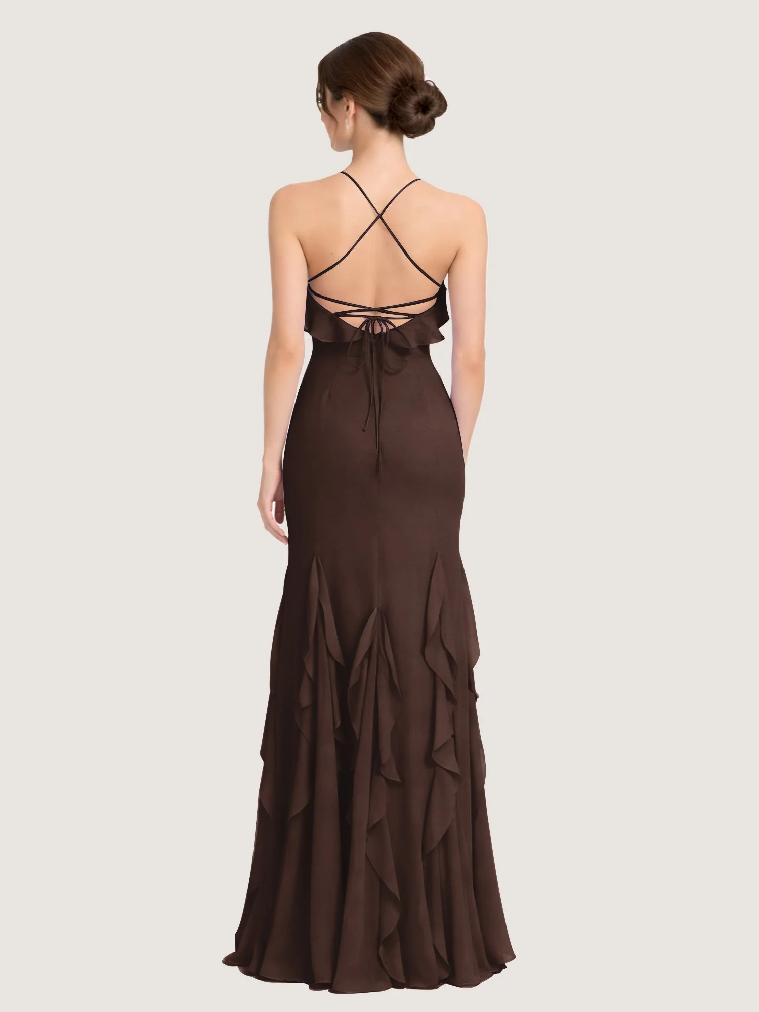 Chiffonkleid mit Rüschen und Überkreuzter Schnürung am Rücken Schokolade - Image 2