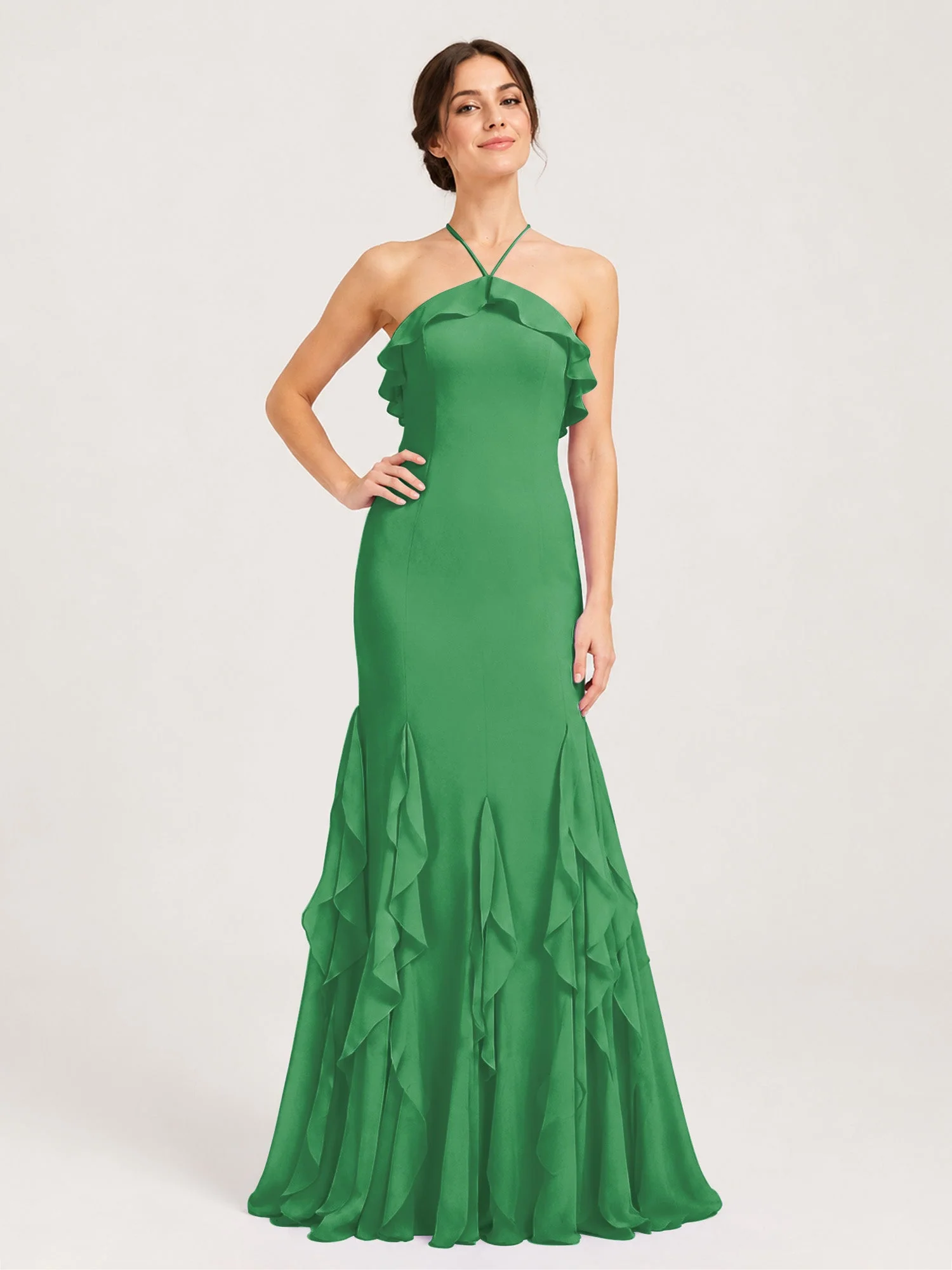 Chiffonkleid mit Rüschen und Überkreuzter Schnürung am Rücken Smaragd