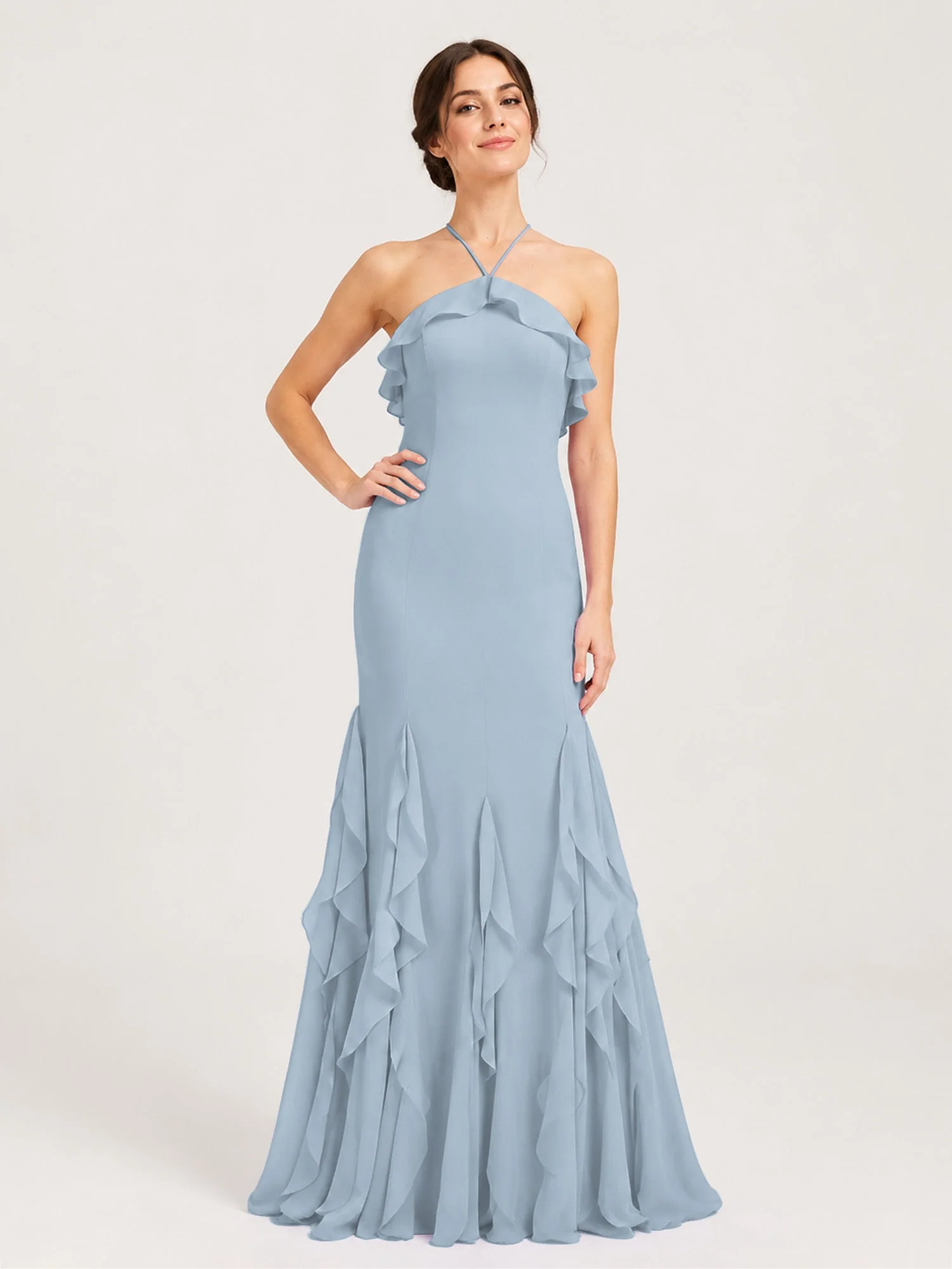 Chiffonkleid mit Rüschen und Überkreuzter Schnürung am Rücken Staubiges Blau