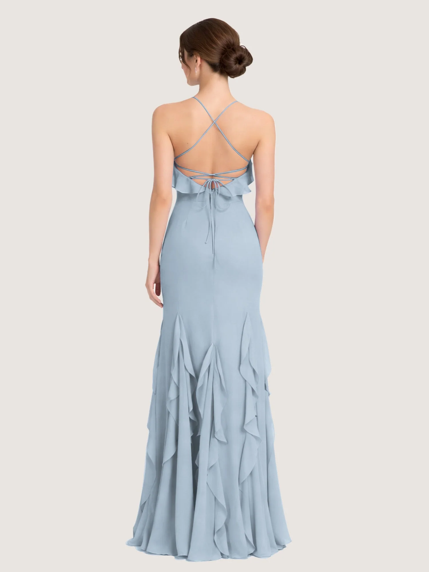 Chiffonkleid mit Rüschen und Überkreuzter Schnürung am Rücken Staubiges Blau - Image 2