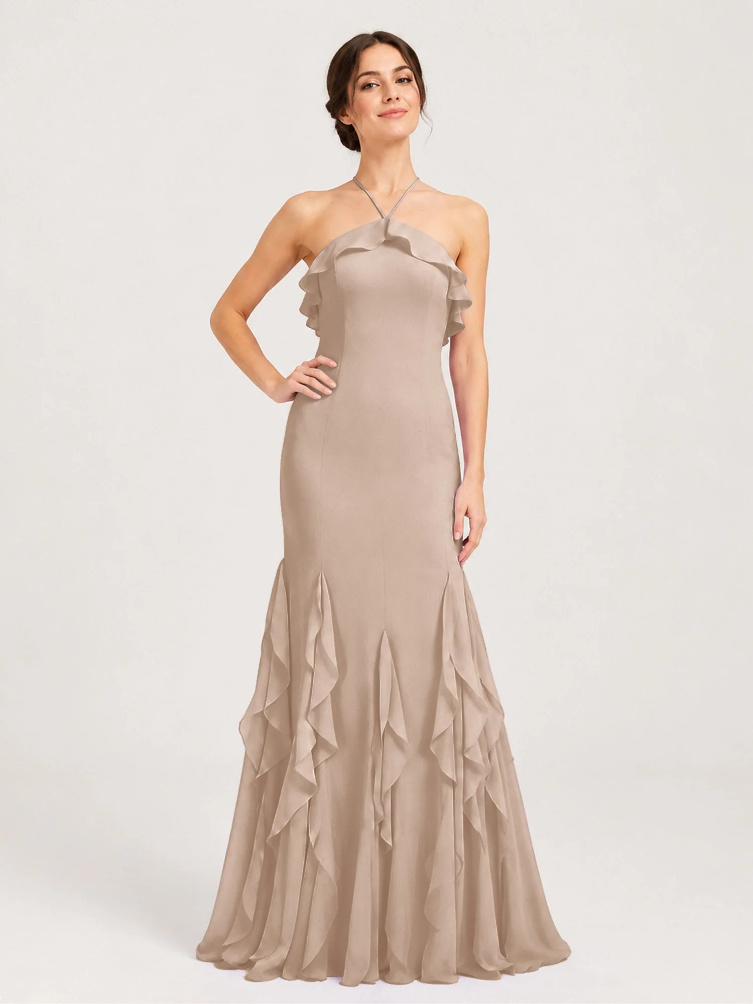 Chiffonkleid mit Rüschen und Überkreuzter Schnürung am Rücken Taupe
