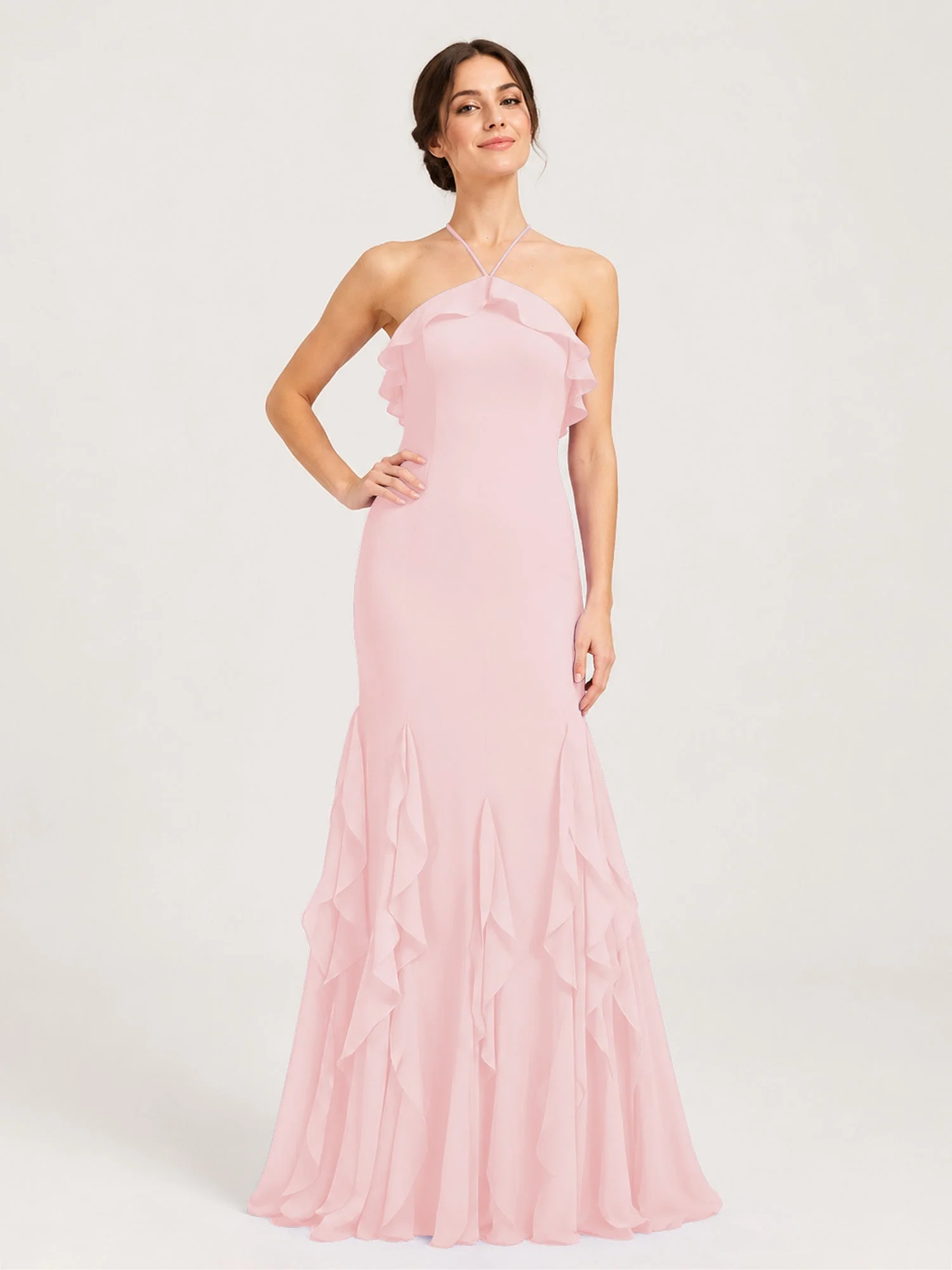 Chiffonkleid mit Rüschen und Überkreuzter Schnürung am Rücken Zartrosa