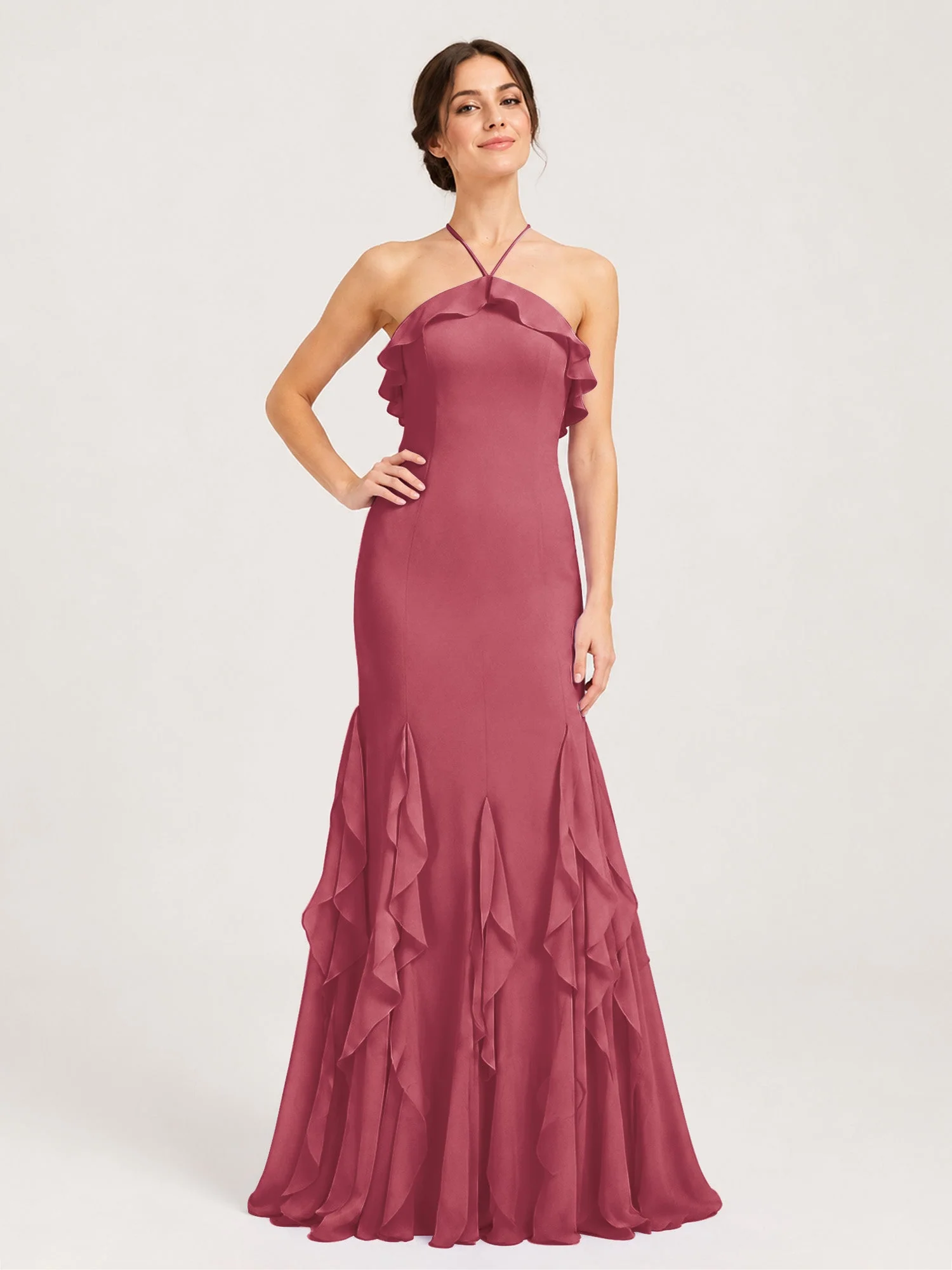 Chiffonkleid mit Rüschen und Überkreuzter Schnürung am Rücken Zimtrose