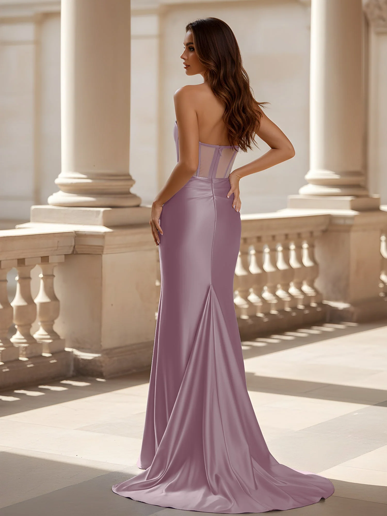 TrÀgerlos Schier Korsett Gerafft Kleid mit Schlitz DÀmmerung - Image 2