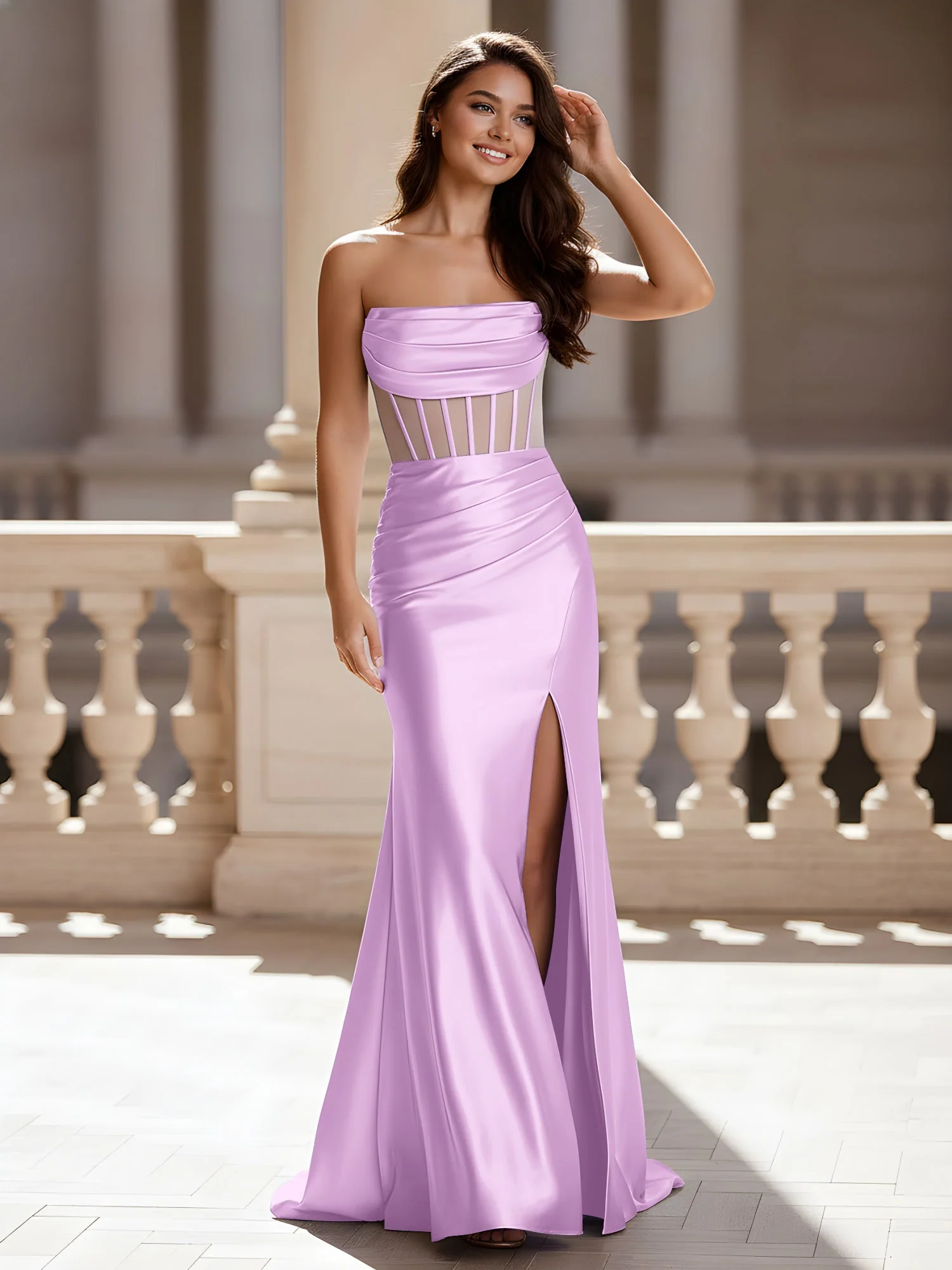 Trägerlos Schier Korsett Gerafft Kleid mit Schlitz Lila