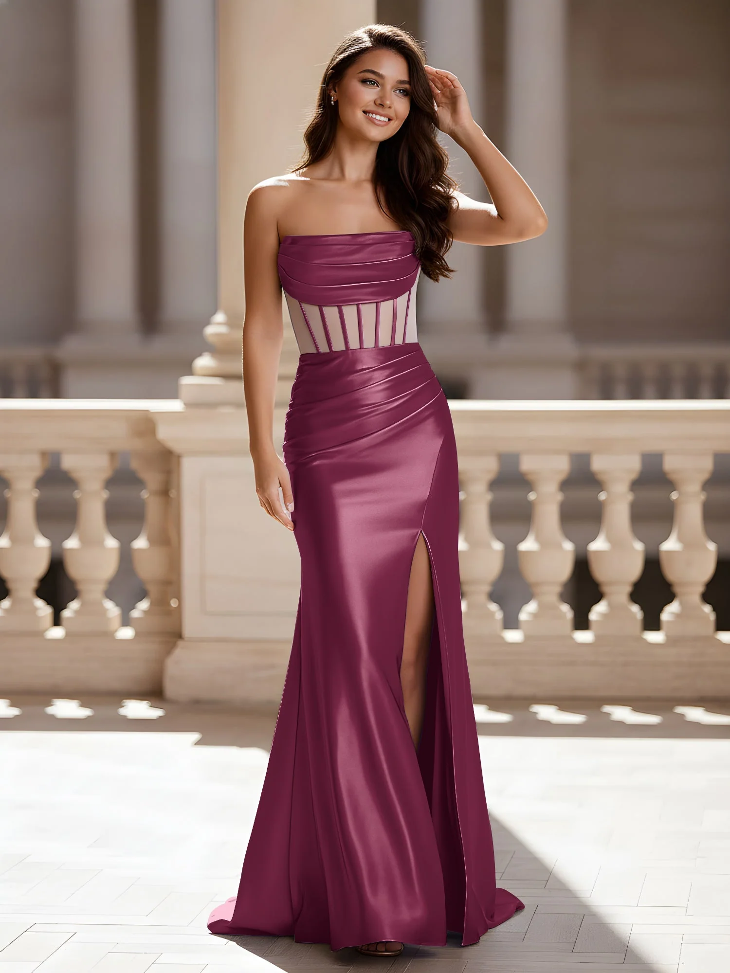 Trägerlos Schier Korsett Gerafft Kleid mit Schlitz Maulbeere