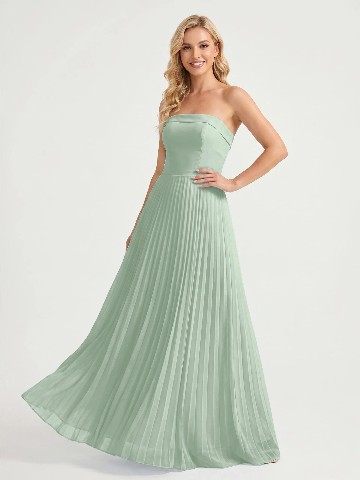Trägerloses Chiffon Maxikleid mit Plissiertem Rock in A-Linie Agavengrün